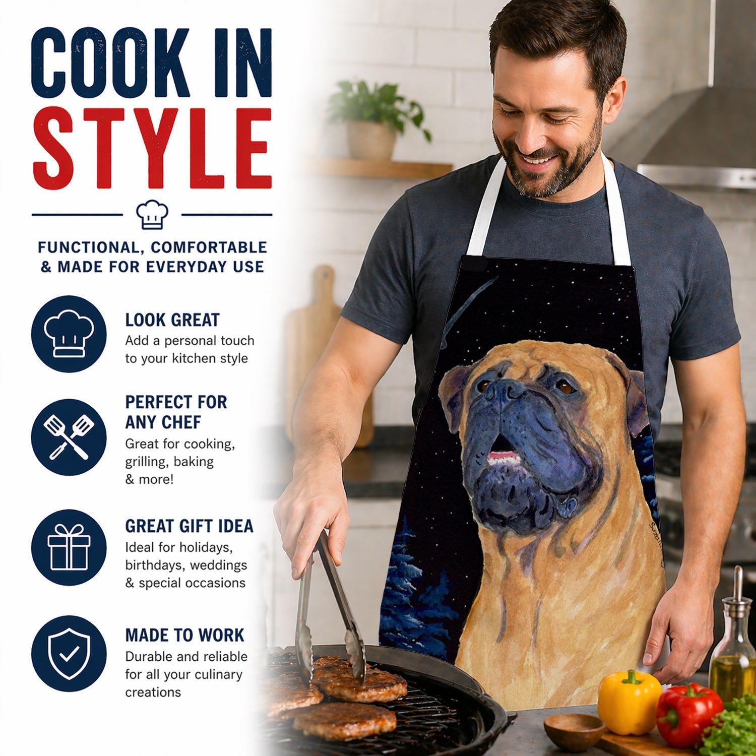 Bullmastiff Apron Cooking Kitchen Server Baking Crafts Gardening for Adult Women Men, Unisex, Large, Multicolor