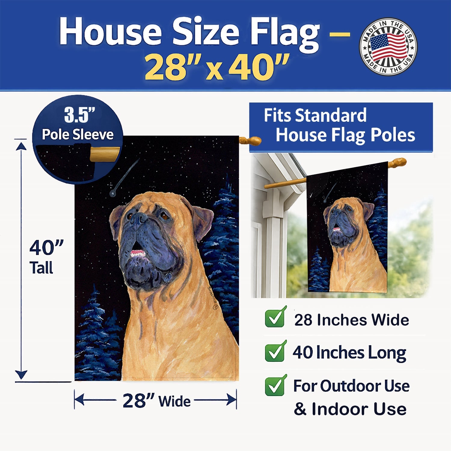 Bullmastiff House Flag 28x40 Porch Sleeve Pole Decorative Outside Yard Banner Artwork Wall Hanging, Polyester