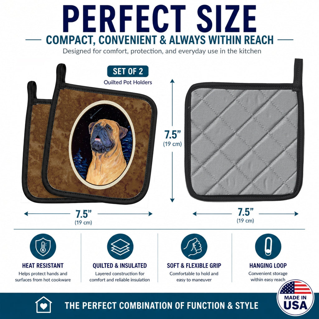 Bullmastiff Pot Holder Set of 2 Heat Resistant Quilted Hot Pads 7.5 x 7.5 Inch, Insulated Kitchen Trivets for Cooking & Baking