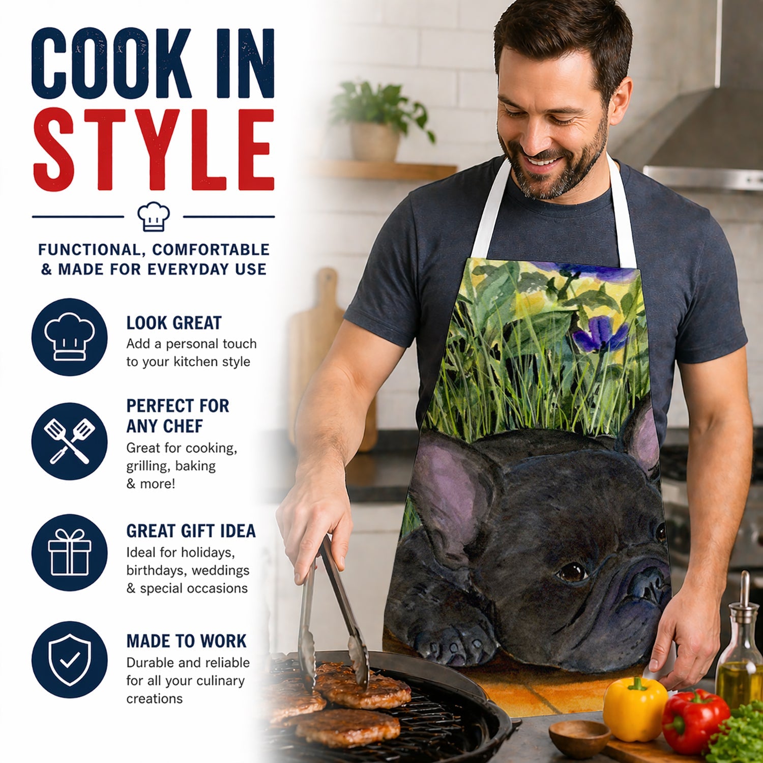 French Bulldog Apron Cooking Kitchen Server Baking Crafts Gardening for Adult Women Men, Unisex, Large, Multicolor