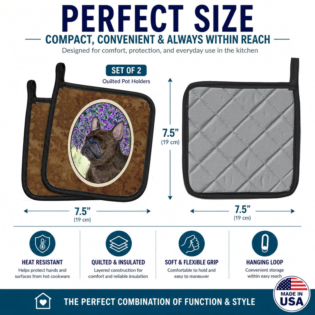 French Bulldog Pot Holder Set of 2 Heat Resistant Quilted Hot Pads 7.5 x 7.5 Inch, Insulated Kitchen Trivets for Cooking & Baking