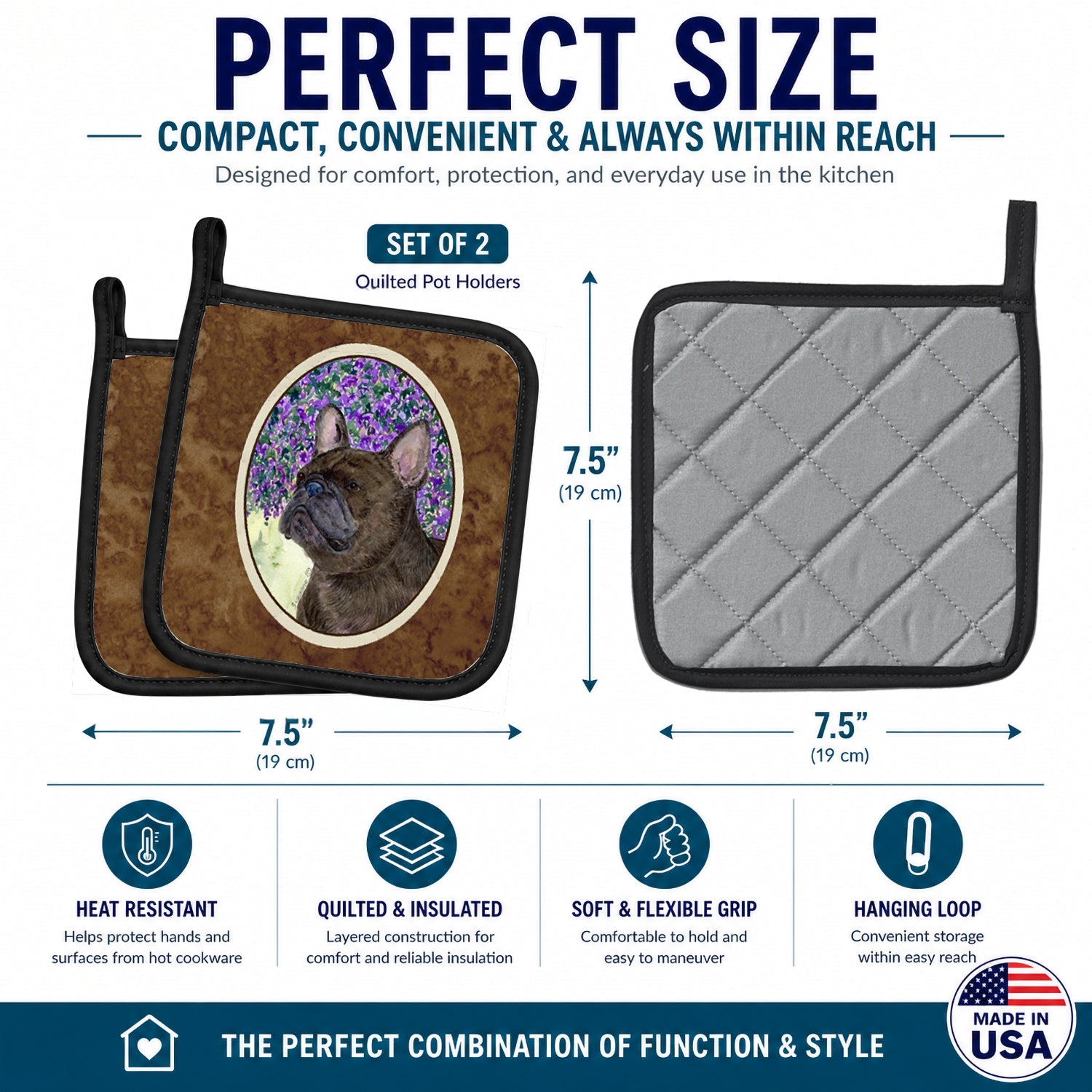 French Bulldog Pot Holder Set of 2 Heat Resistant Quilted Hot Pads 7.5 x 7.5 Inch, Insulated Kitchen Trivets for Cooking & Baking