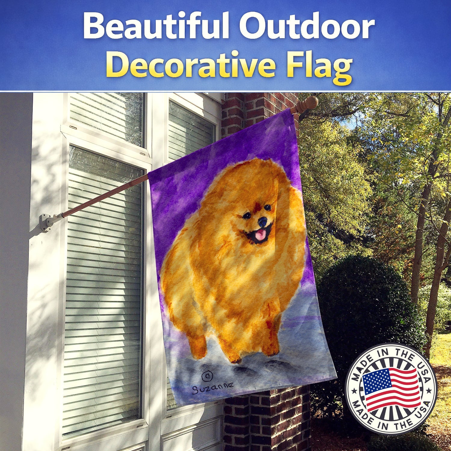 Pomeranian House Flag 28x40 Porch Sleeve Pole Decorative Outside Yard Banner Artwork Wall Hanging, Polyester