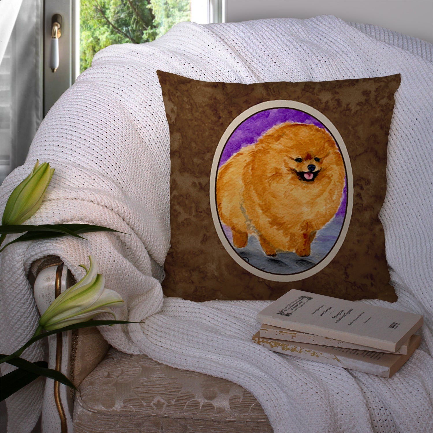Pomeranian Decorative Throw Pillow 14x14 Indoor Outdoor Accent Cushion, Fabric Cover with Insert for Sofa, Bed, Porch & Living Room