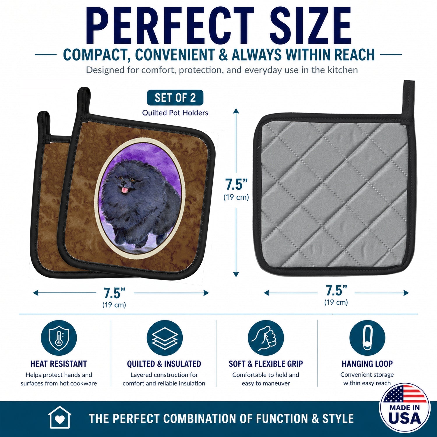 Pomeranian Pot Holder Set of 2 Heat Resistant Quilted Hot Pads 7.5 x 7.5 Inch, Insulated Kitchen Trivets for Cooking & Baking