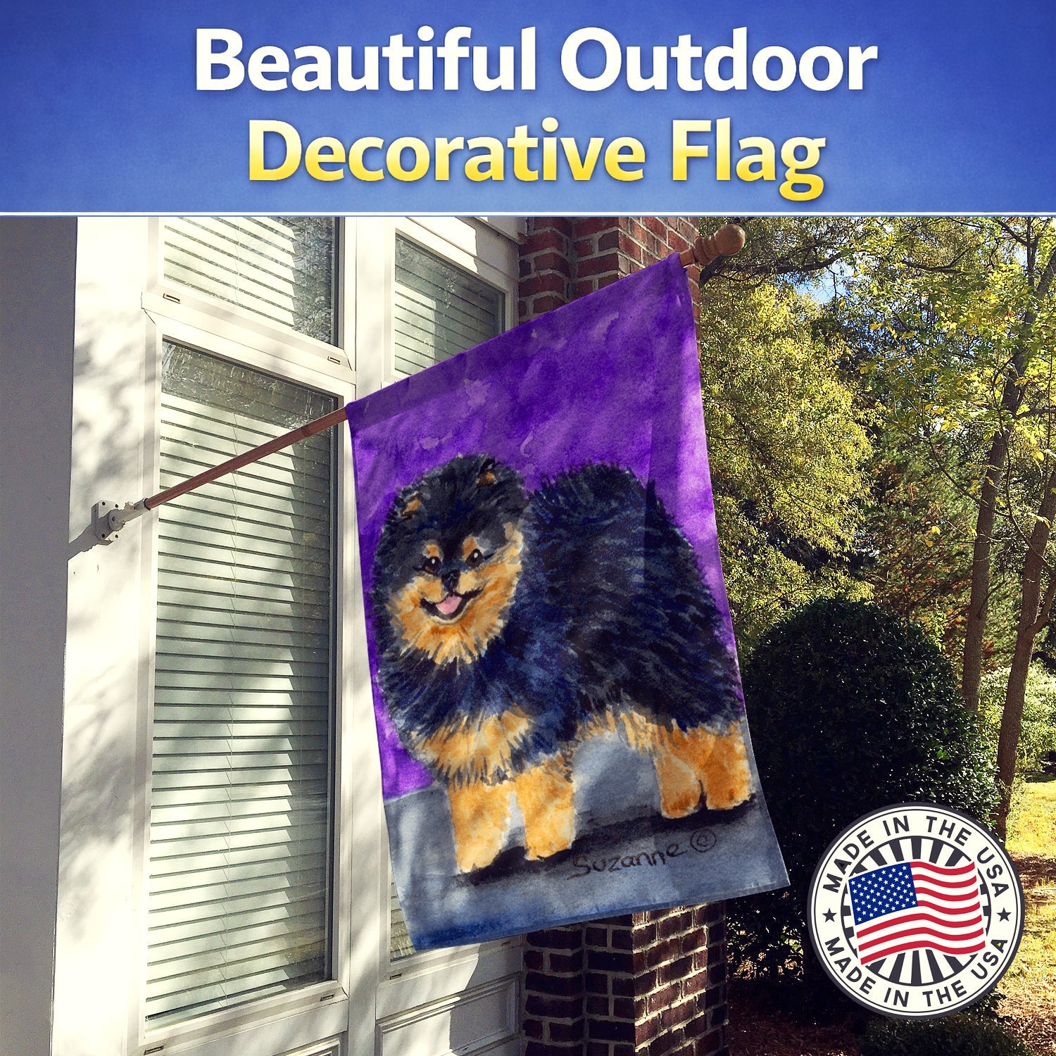 Pomeranian House Flag 28x40 Porch Sleeve Pole Decorative Outside Yard Banner Artwork Wall Hanging, Polyester