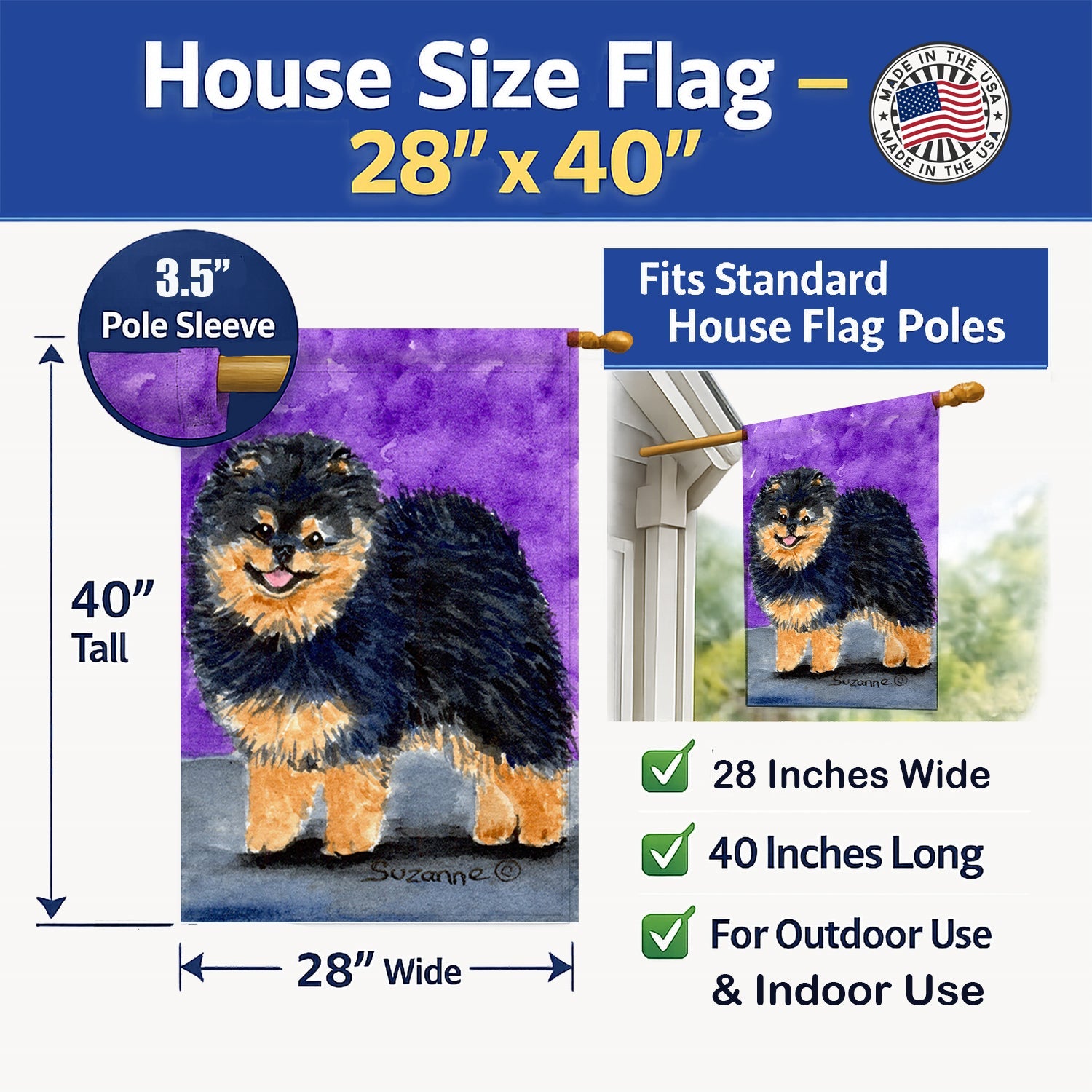 Pomeranian House Flag 28x40 Porch Sleeve Pole Decorative Outside Yard Banner Artwork Wall Hanging, Polyester