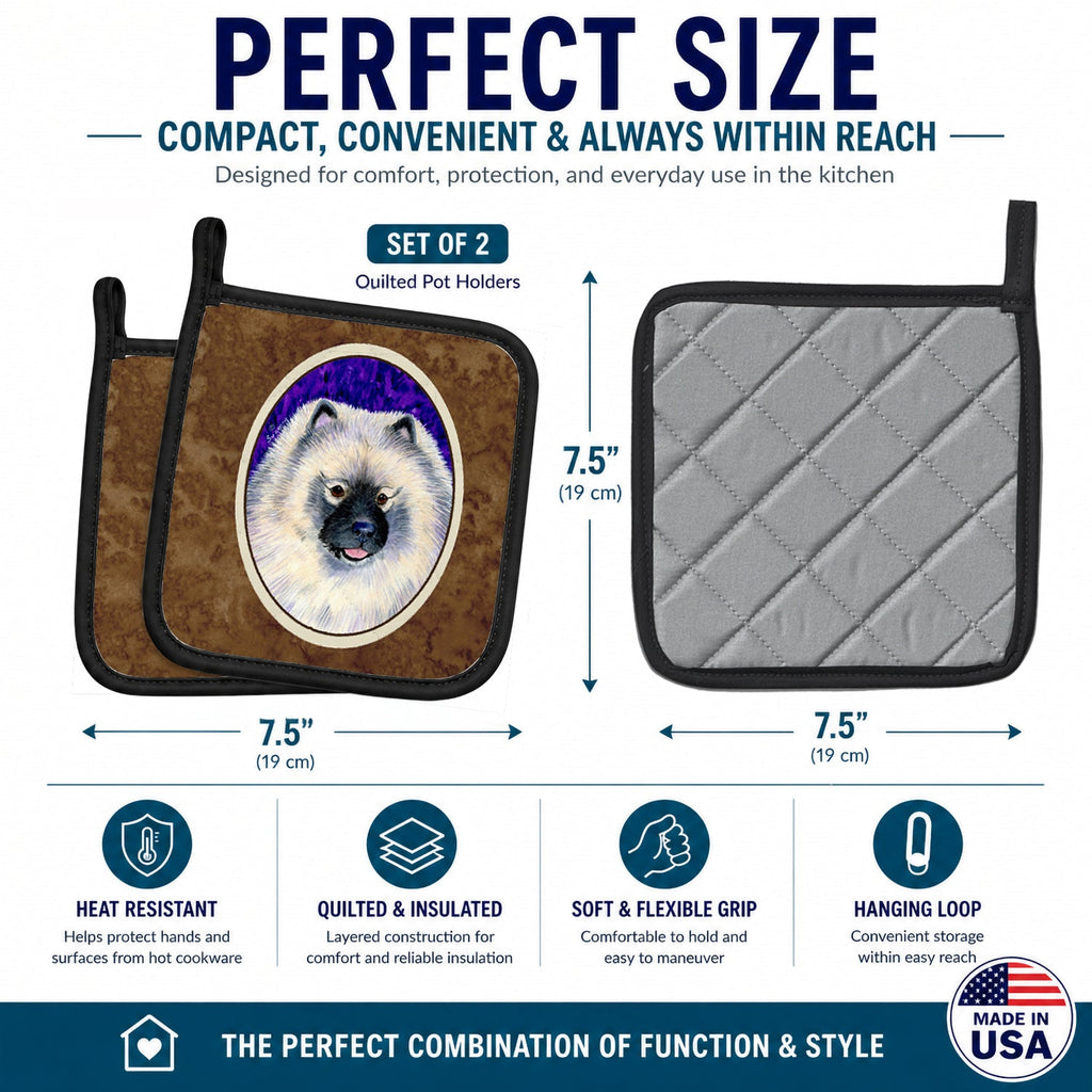 Keeshond Pot Holder Set of 2 Heat Resistant Quilted Hot Pads 7.5 x 7.5 Inch, Insulated Kitchen Trivets for Cooking & Baking