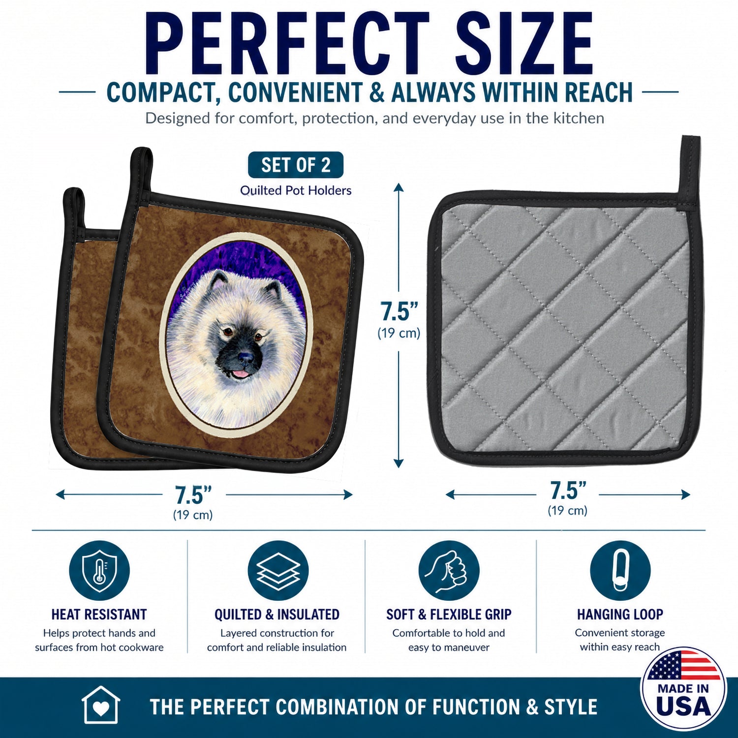 Keeshond Pot Holder Set of 2 Heat Resistant Quilted Hot Pads 7.5 x 7.5 Inch, Insulated Kitchen Trivets for Cooking & Baking