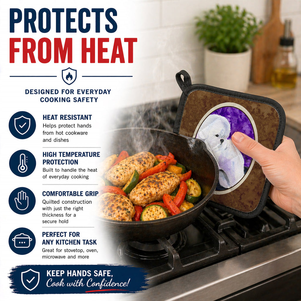 Bichon Frise Pot Holder Set of 2 Heat Resistant Quilted Hot Pads 7.5 x 7.5 Inch, Insulated Kitchen Trivets for Cooking & Baking