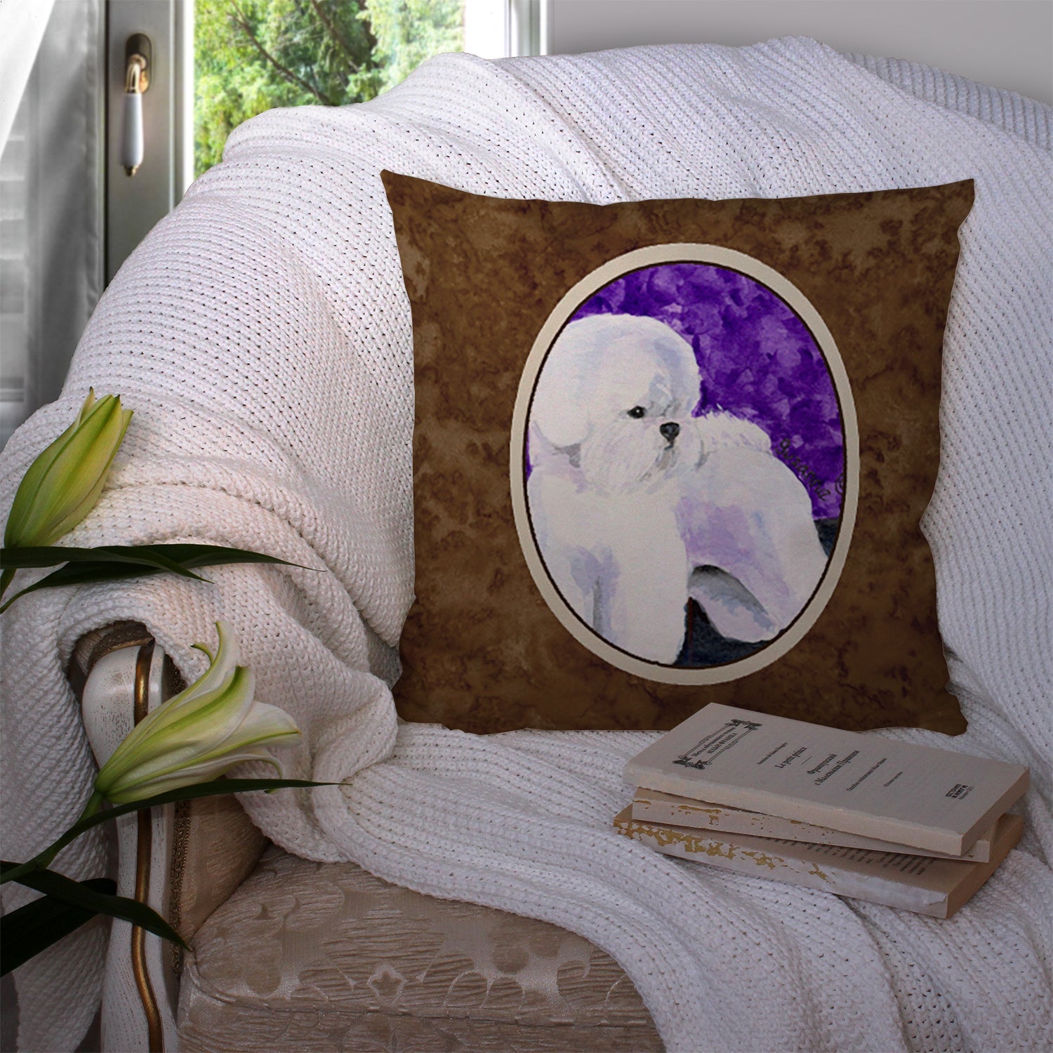 Bichon Frise Decorative Throw Pillow 14x14 Indoor Outdoor Accent Cushion, Fabric Cover with Insert for Sofa, Bed, Porch & Living Room