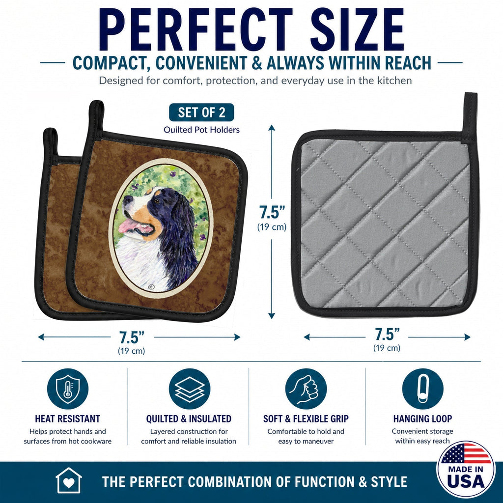 Bernese Mountain Dog Pot Holder Set of 2 Heat Resistant Quilted Hot Pads 7.5 x 7.5 Inch, Insulated Kitchen Trivets for Cooking & Baking