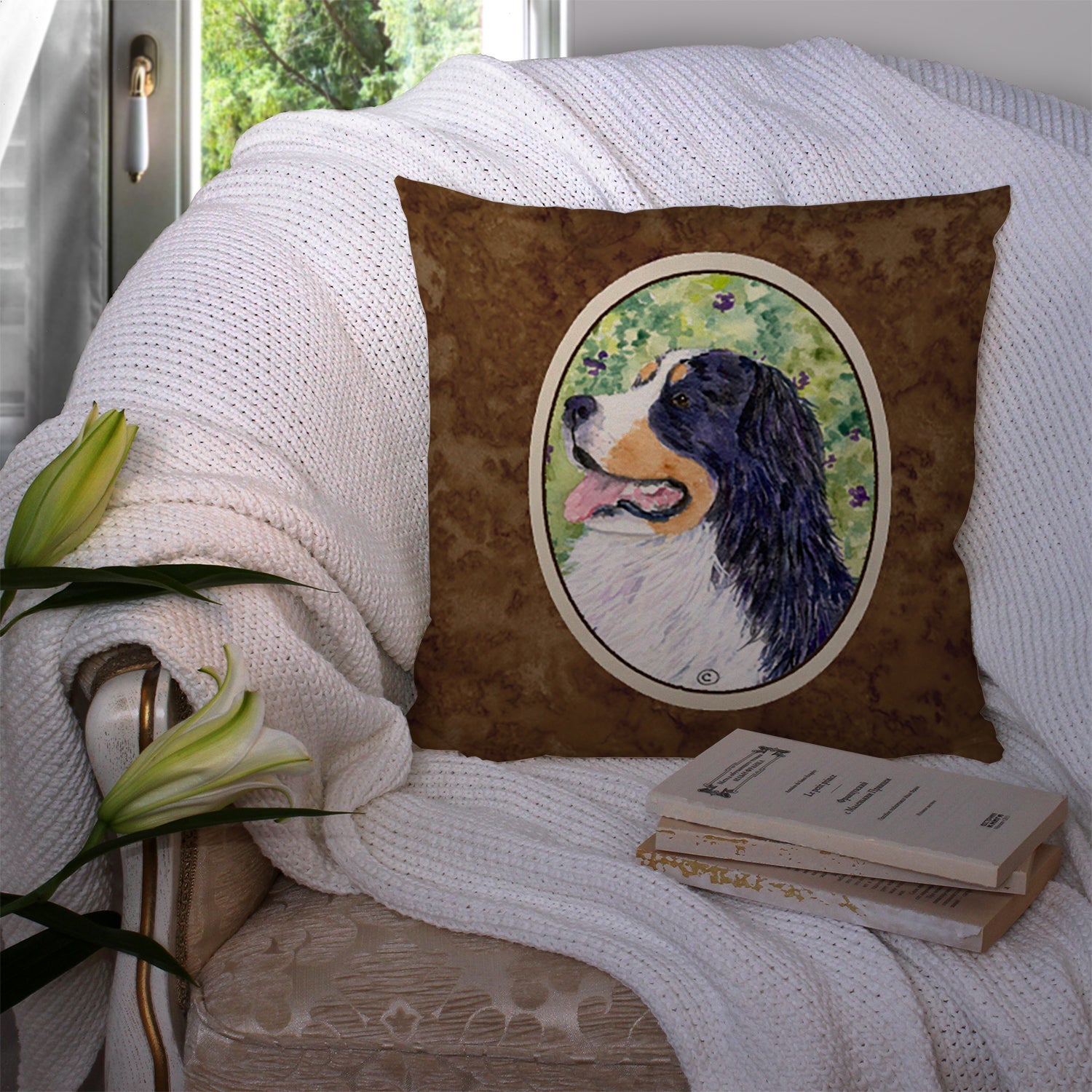 Bernese Mountain Dog Decorative Throw Pillow 14x14 Indoor Outdoor Accent Cushion, Fabric Cover with Insert for Sofa, Bed, Porch & Living Room