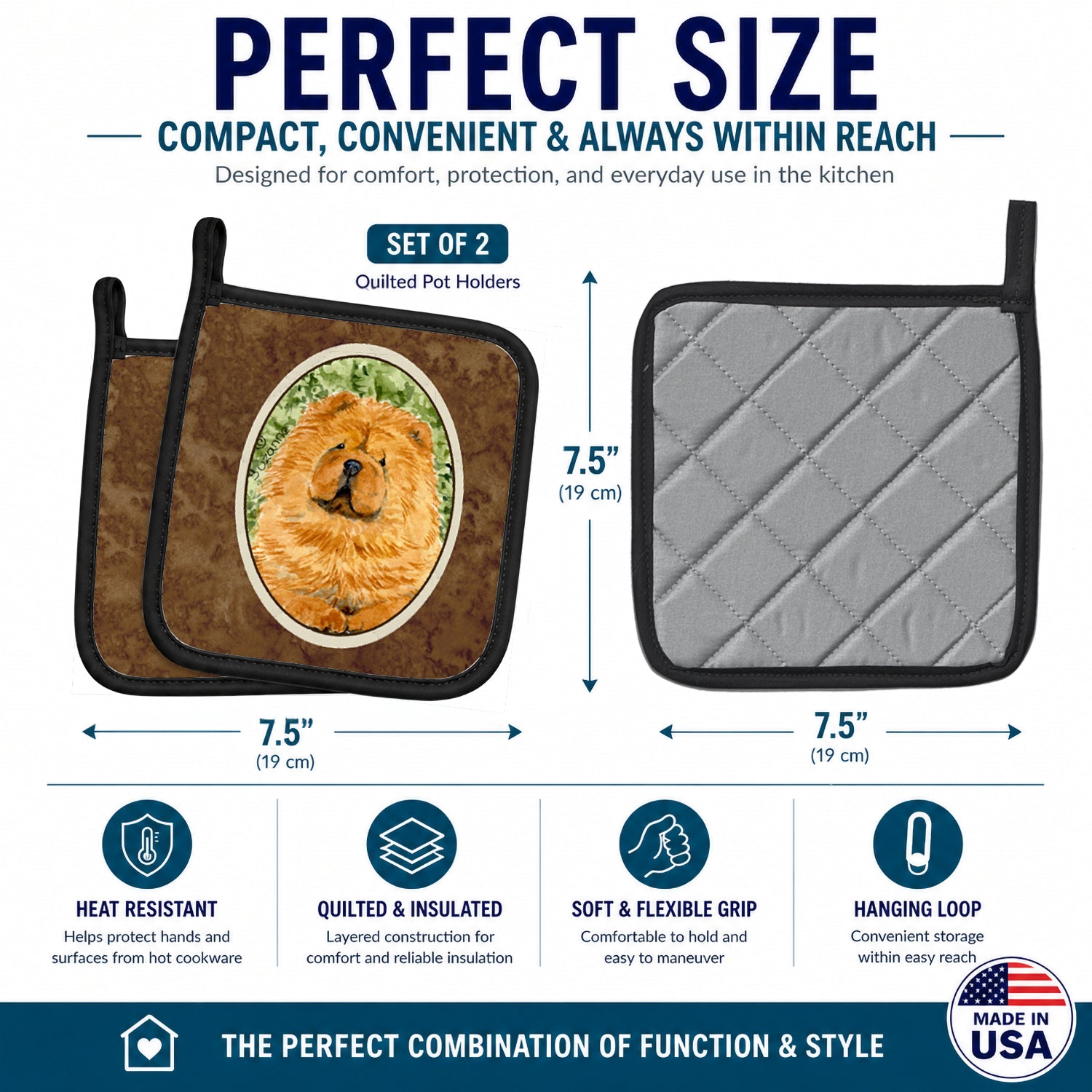 Chow Chow Pot Holder Set of 2 Heat Resistant Quilted Hot Pads 7.5 x 7.5 Inch, Insulated Kitchen Trivets for Cooking & Baking