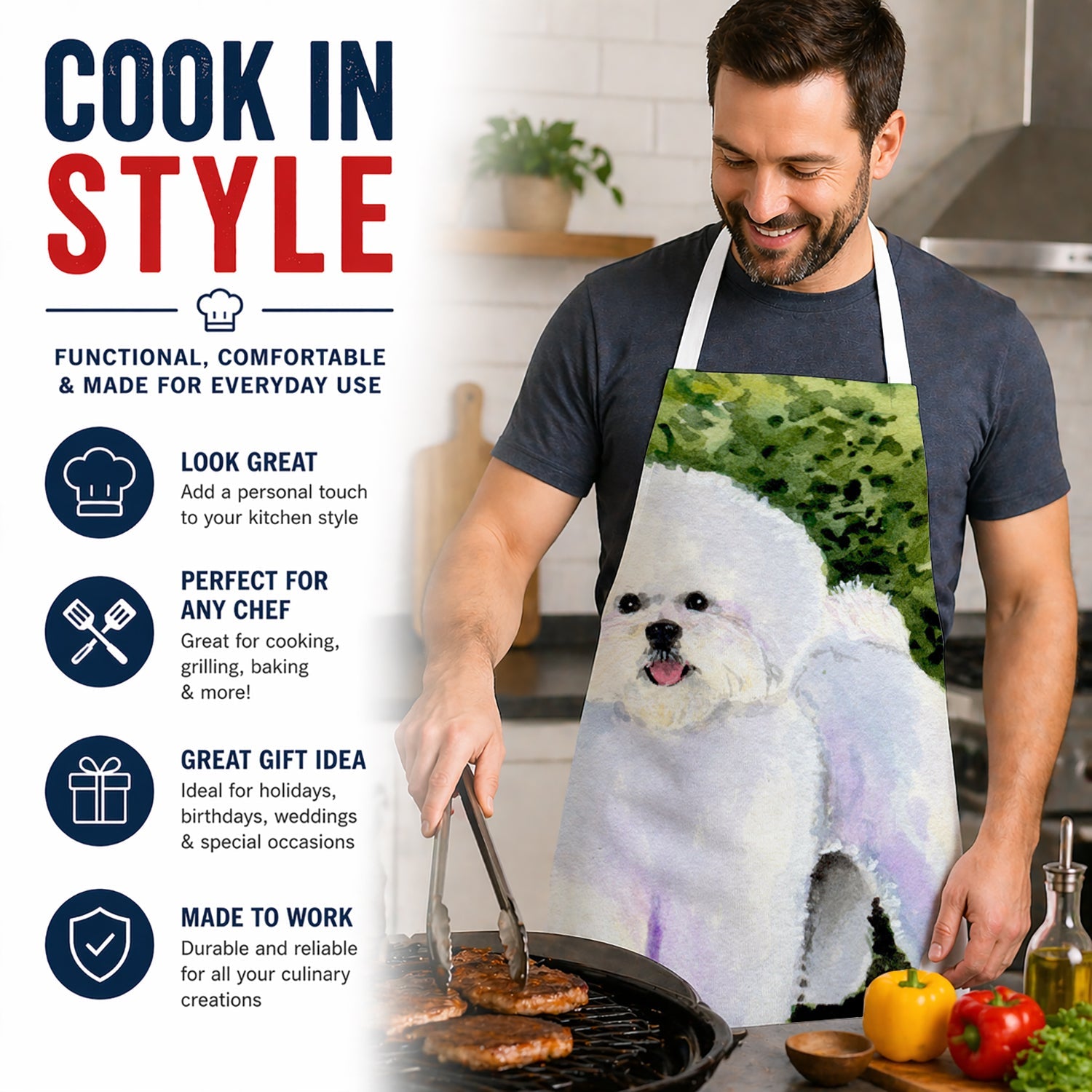 Bichon Frise Apron Cooking Kitchen Server Baking Crafts Gardening for Adult Women Men, Unisex, Large, Multicolor