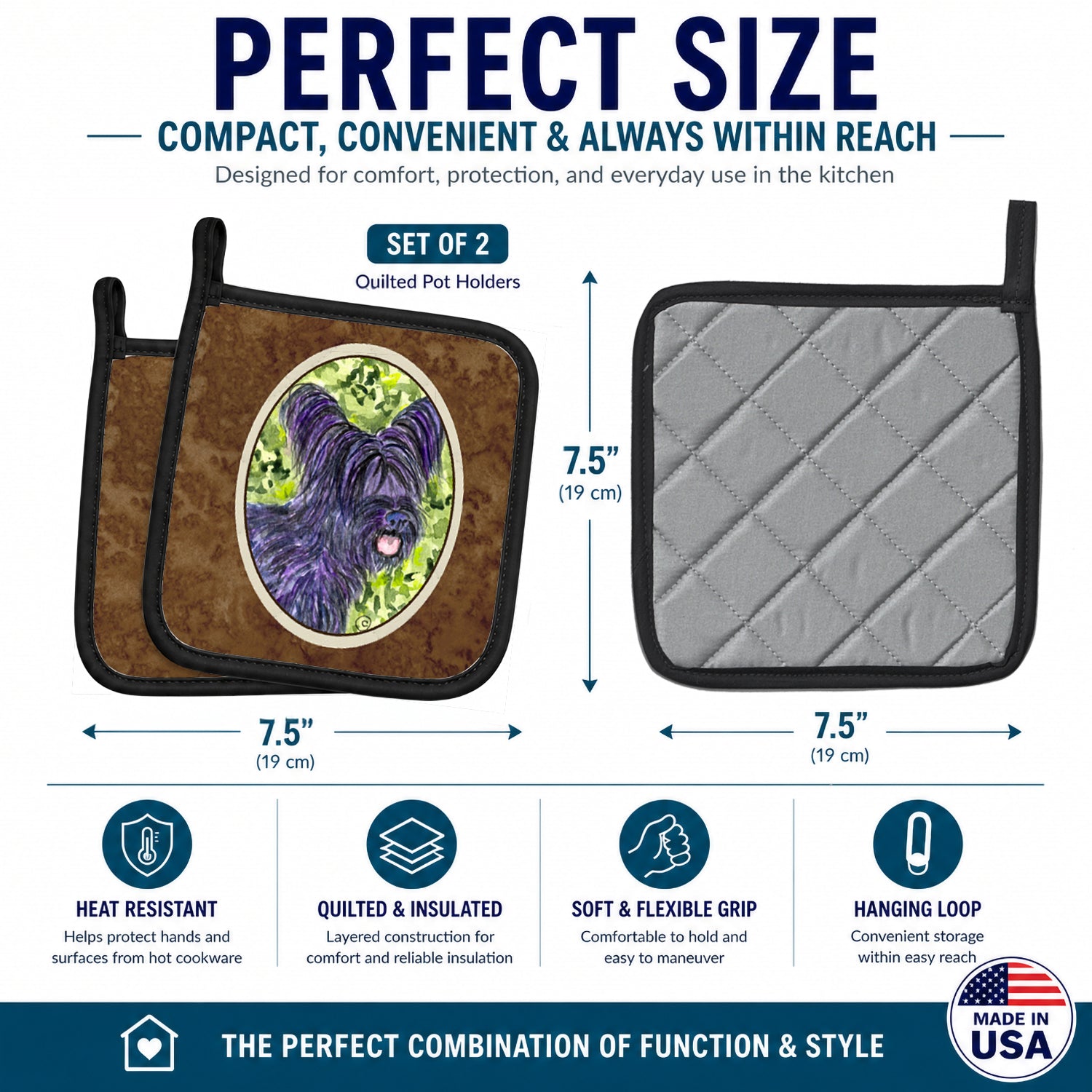 Skye Terrier Pot Holder Set of 2 Heat Resistant Quilted Hot Pads 7.5 x 7.5 Inch, Insulated Kitchen Trivets for Cooking & Baking