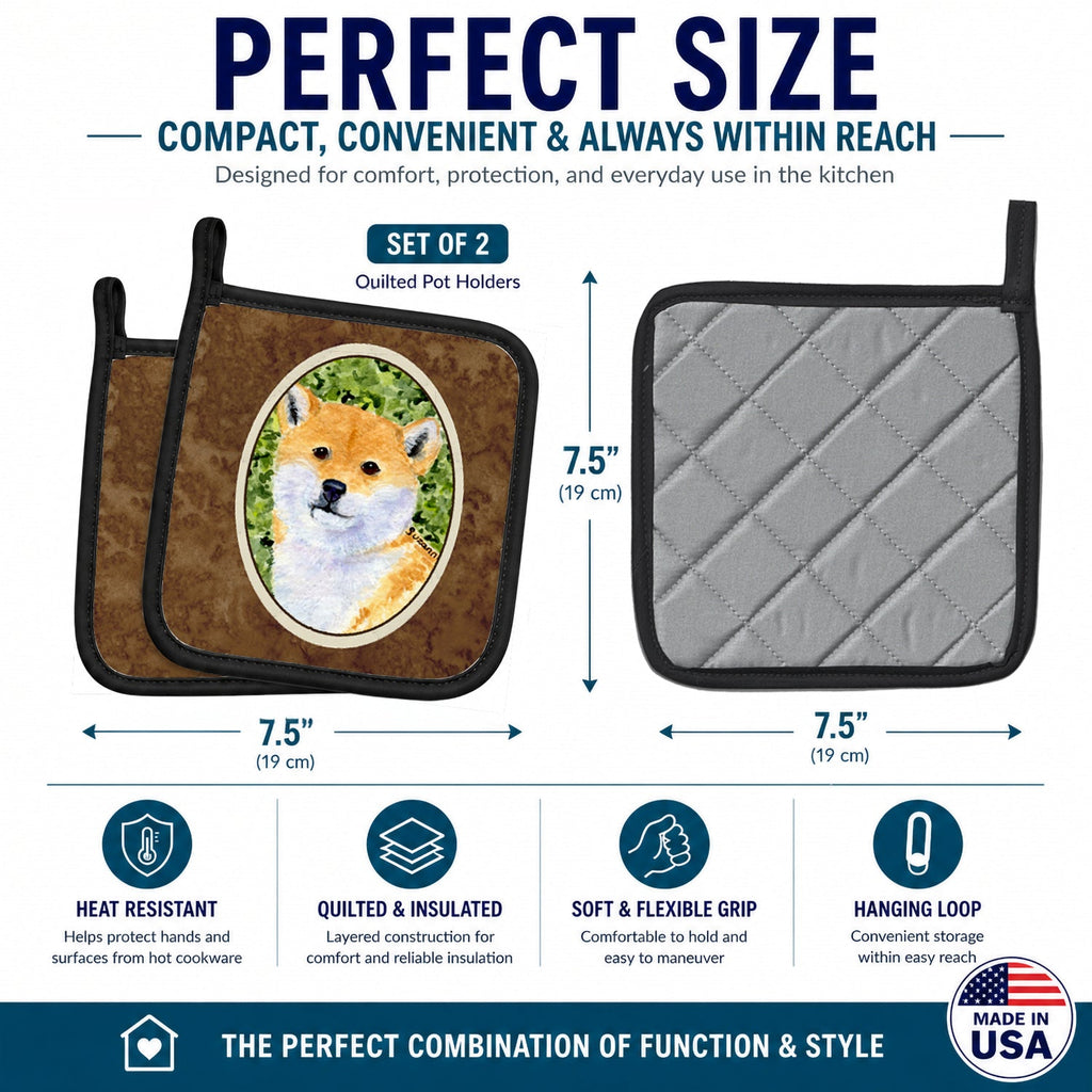 Shiba Inu Pot Holder Set of 2 Heat Resistant Quilted Hot Pads 7.5 x 7.5 Inch, Insulated Kitchen Trivets for Cooking & Baking