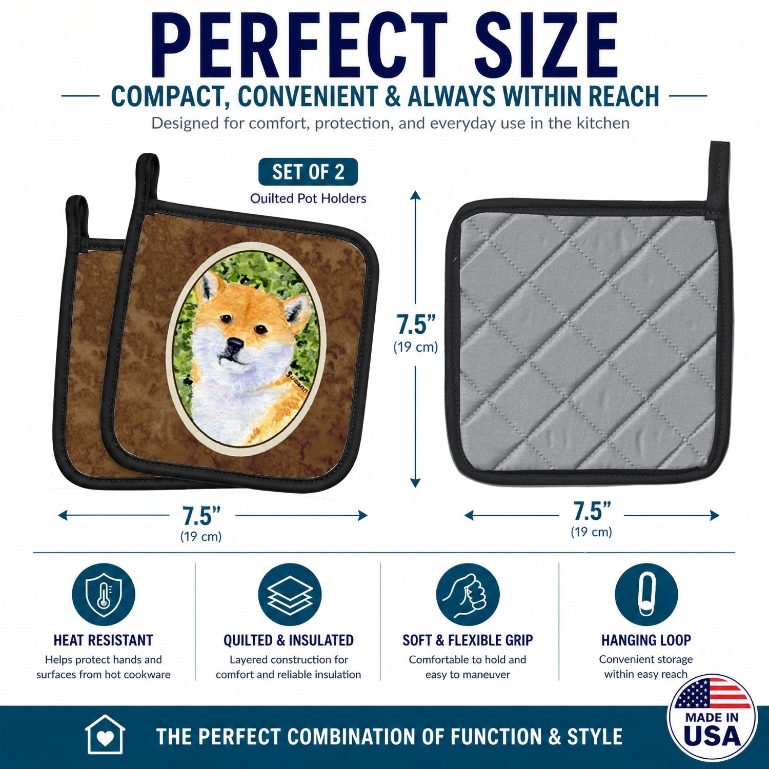 Shiba Inu Pot Holder Set of 2 Heat Resistant Quilted Hot Pads 7.5 x 7.5 Inch, Insulated Kitchen Trivets for Cooking & Baking