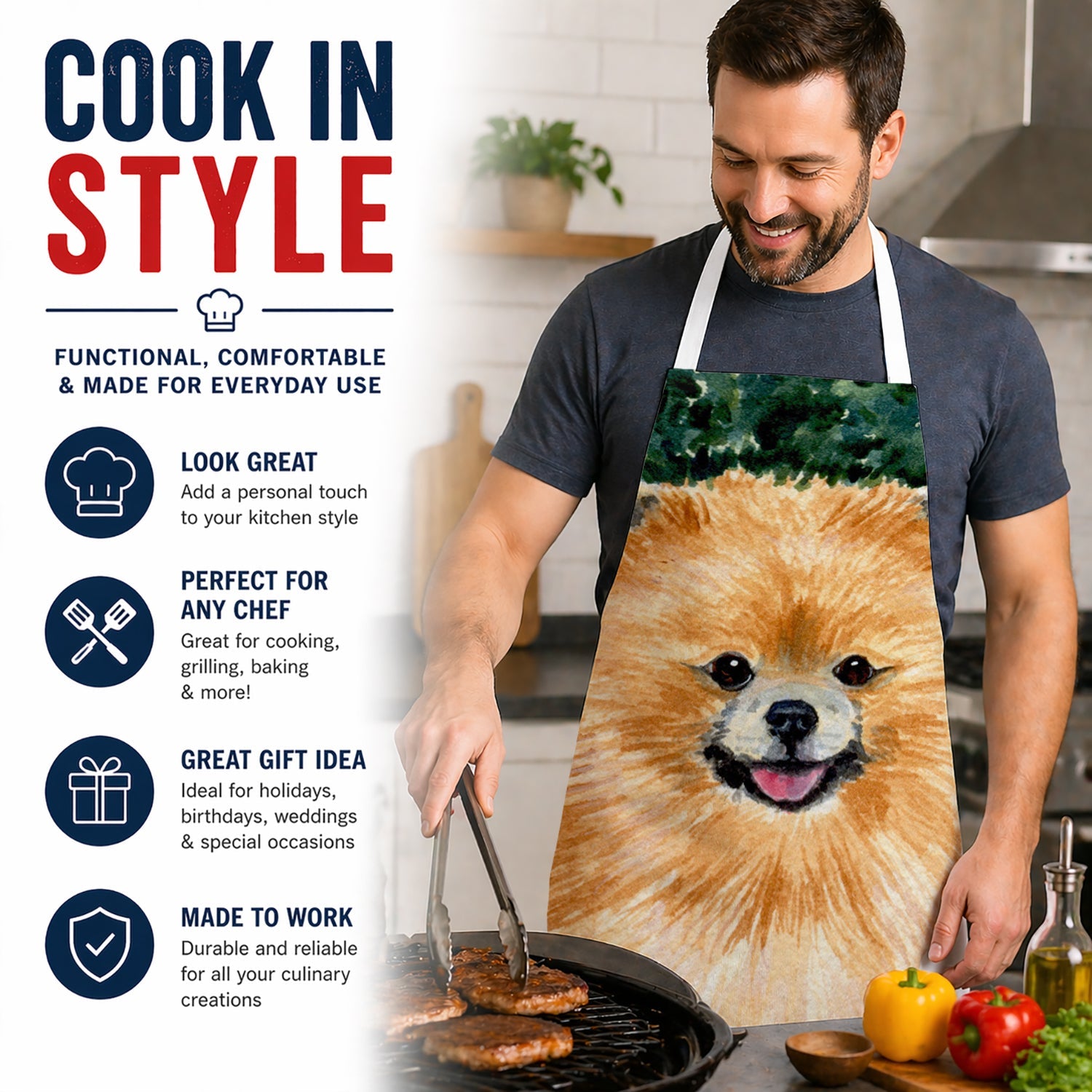 Pomeranian Apron Cooking Kitchen Server Baking Crafts Gardening for Adult Women Men, Unisex, Large, Multicolor