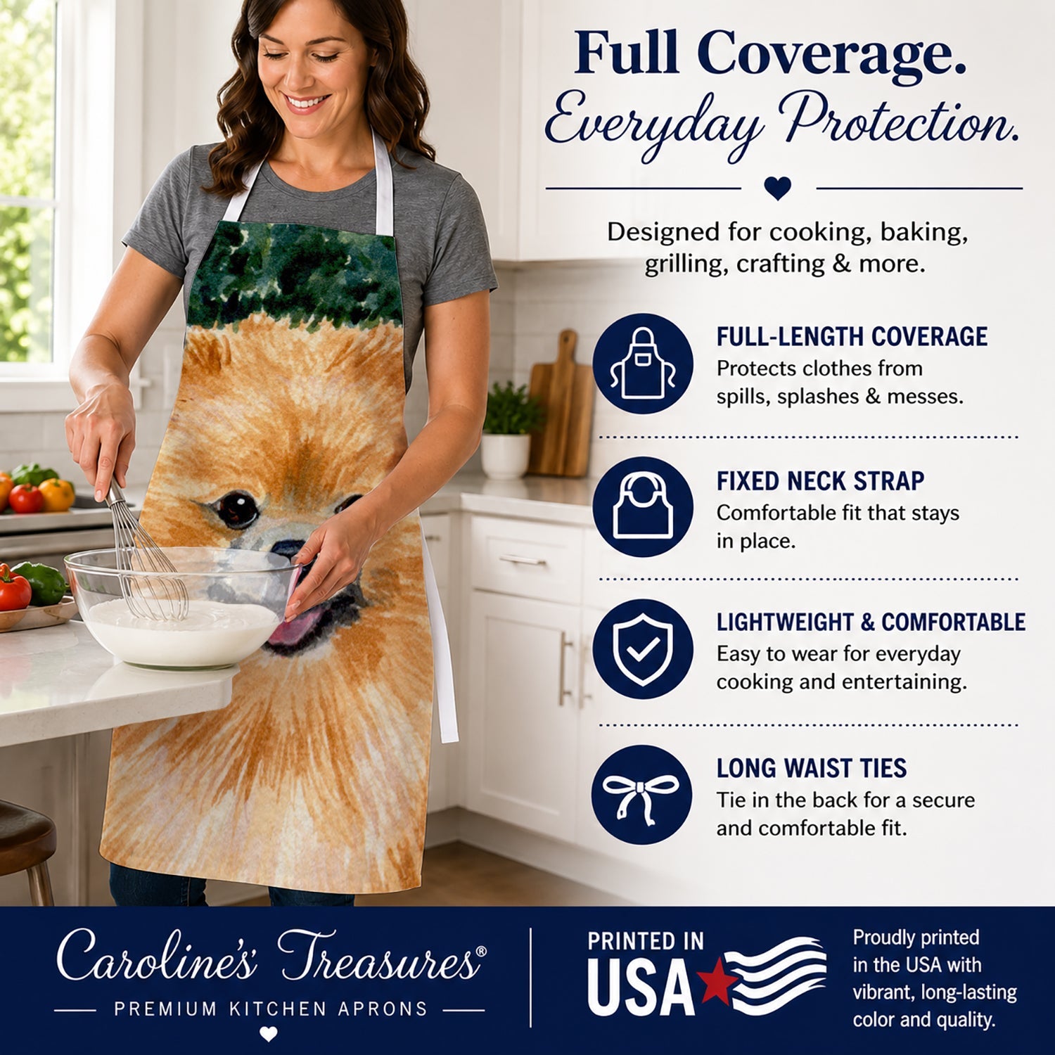 Pomeranian Apron Cooking Kitchen Server Baking Crafts Gardening for Adult Women Men, Unisex, Large, Multicolor