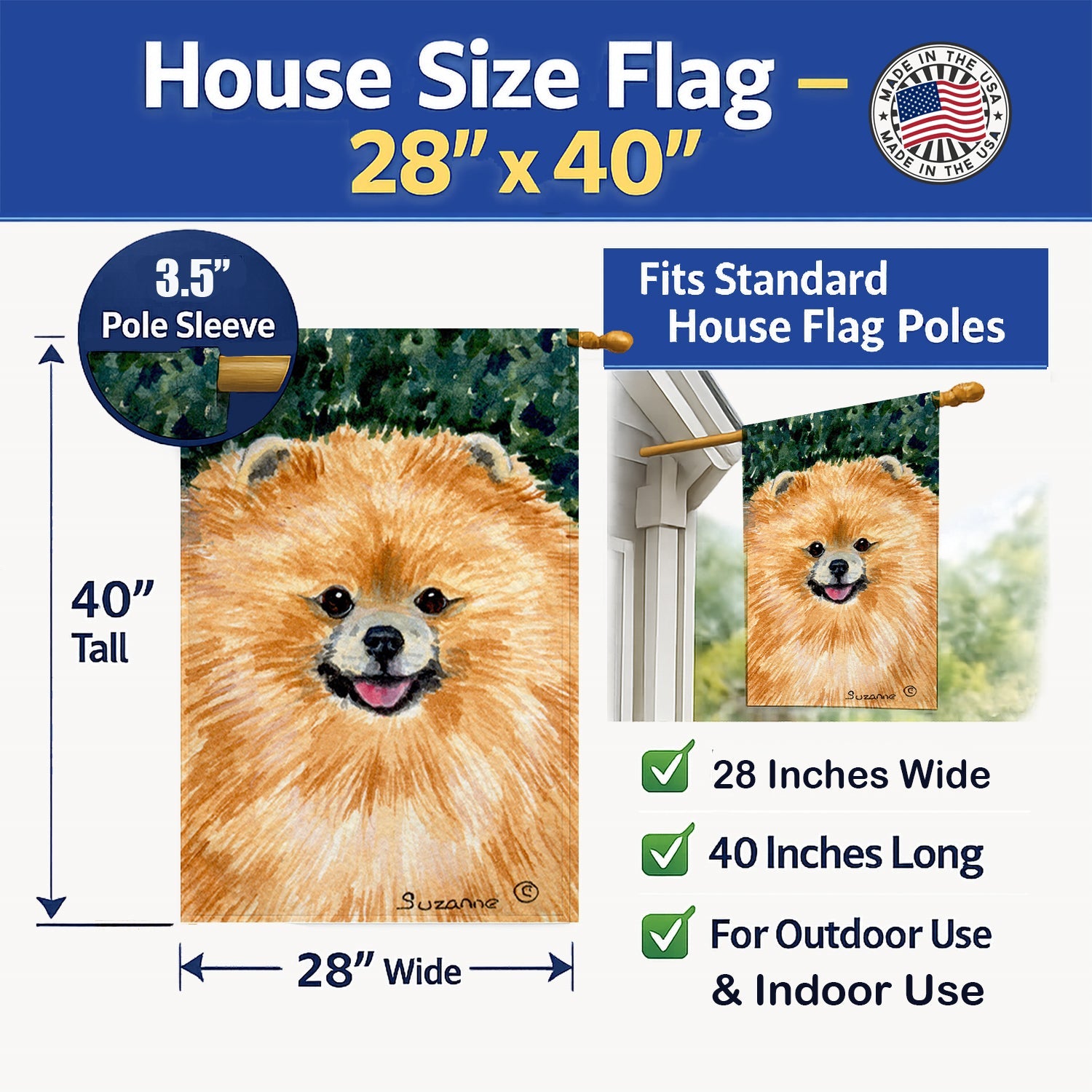 Pomeranian House Flag 28x40 Porch Sleeve Pole Decorative Outside Yard Banner Artwork Wall Hanging, Polyester
