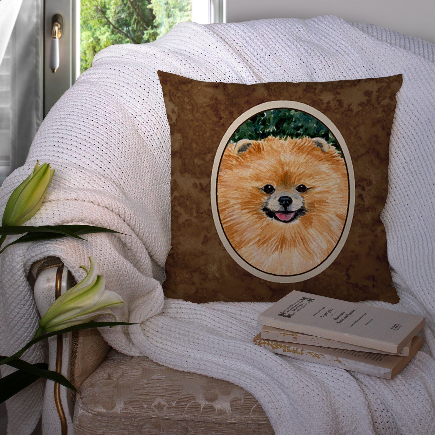 Pomeranian Decorative Throw Pillow 14x14 Indoor Outdoor Accent Cushion, Fabric Cover with Insert for Sofa, Bed, Porch & Living Room