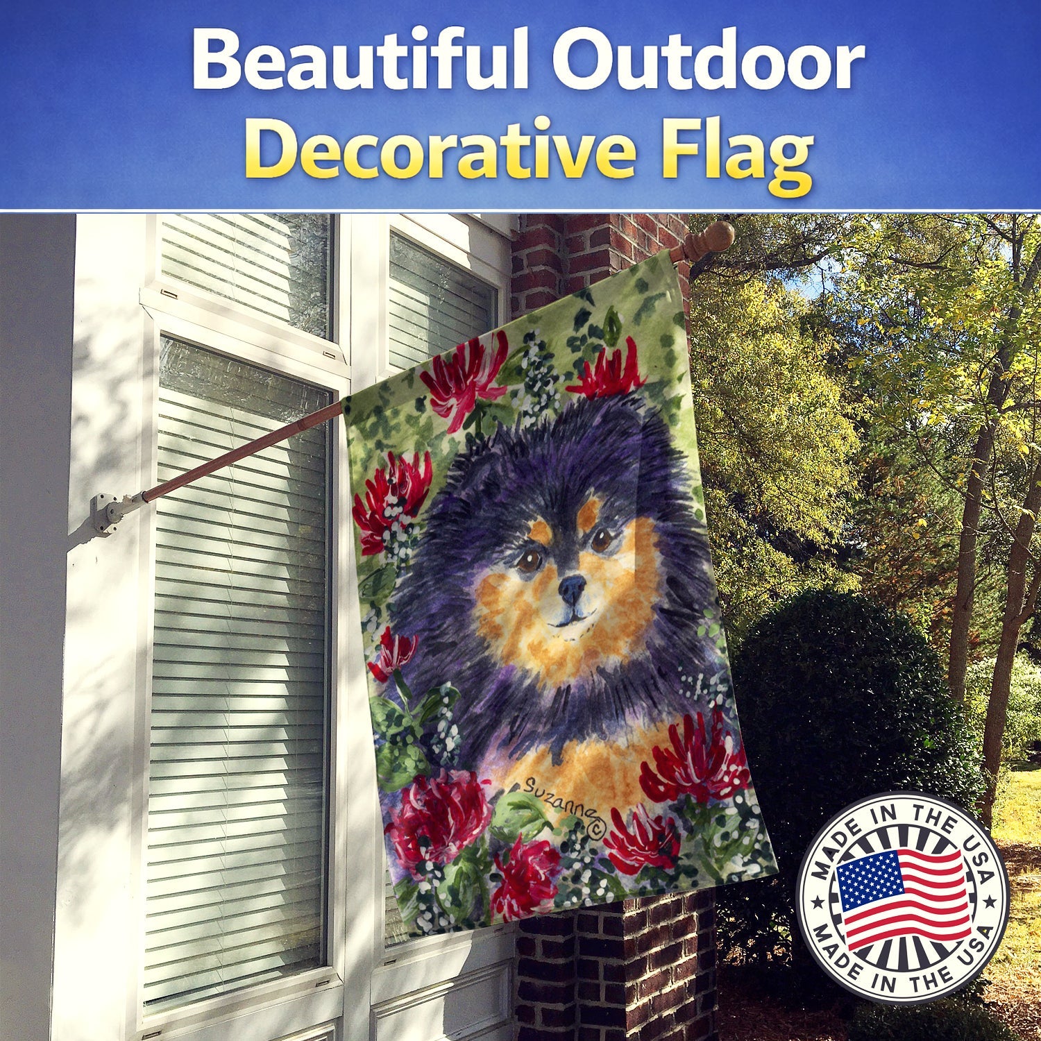 Pomeranian House Flag 28x40 Porch Sleeve Pole Decorative Outside Yard Banner Artwork Wall Hanging, Polyester
