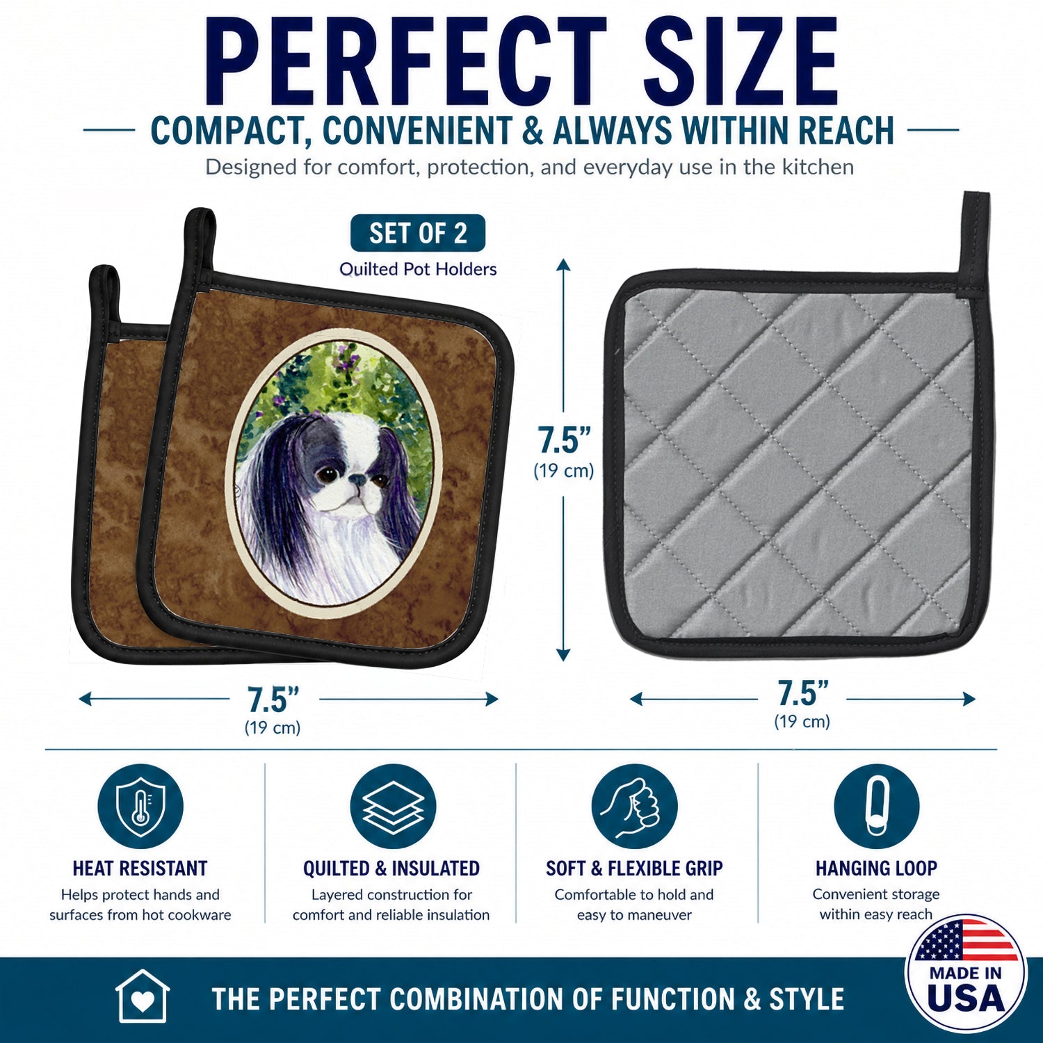 Japanese Chin Pot Holder Set of 2 Heat Resistant Quilted Hot Pads 7.5 x 7.5 Inch, Insulated Kitchen Trivets for Cooking & Baking