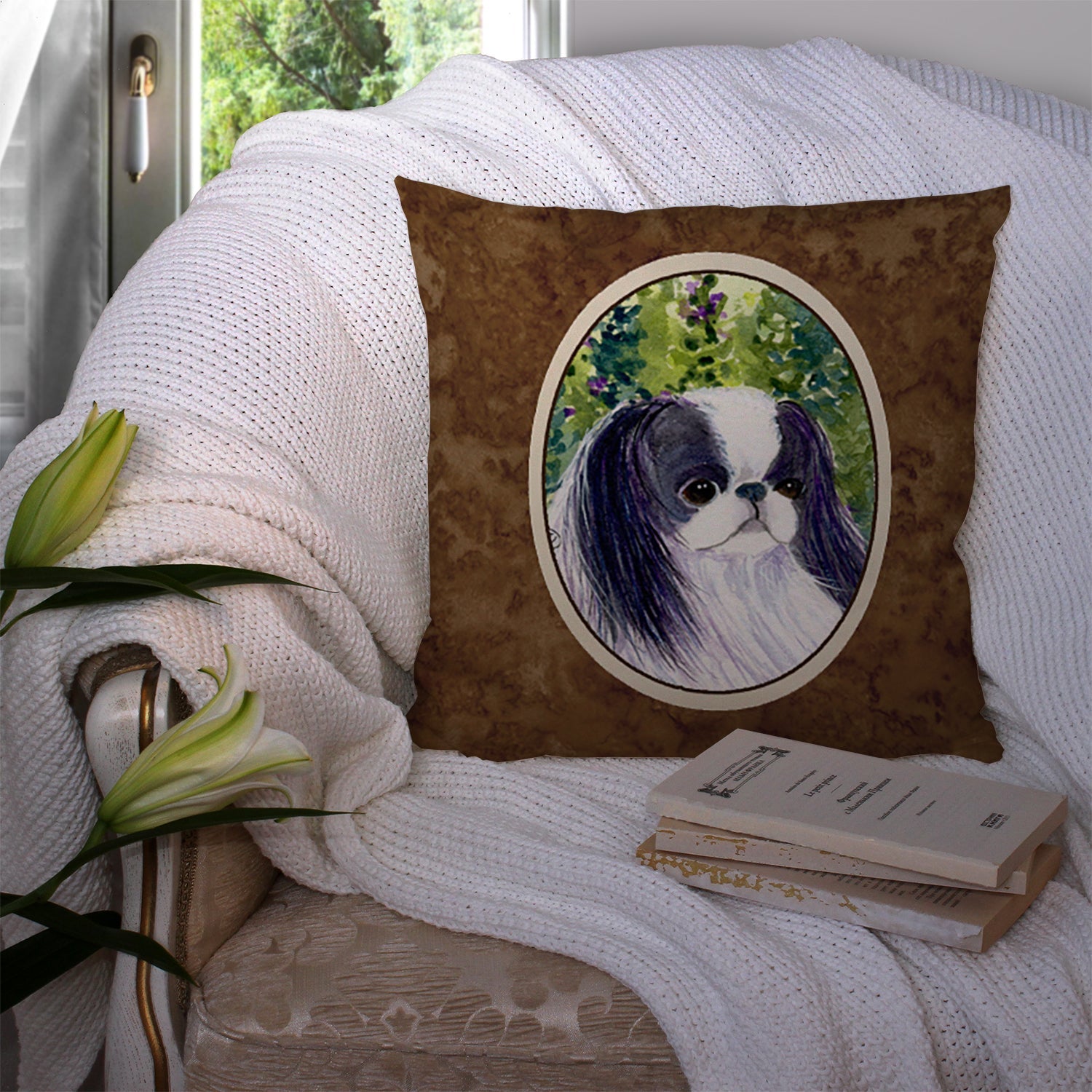 Japanese Chin Decorative Throw Pillow 14x14 Indoor Outdoor Accent Cushion, Fabric Cover with Insert for Sofa, Bed, Porch & Living Room