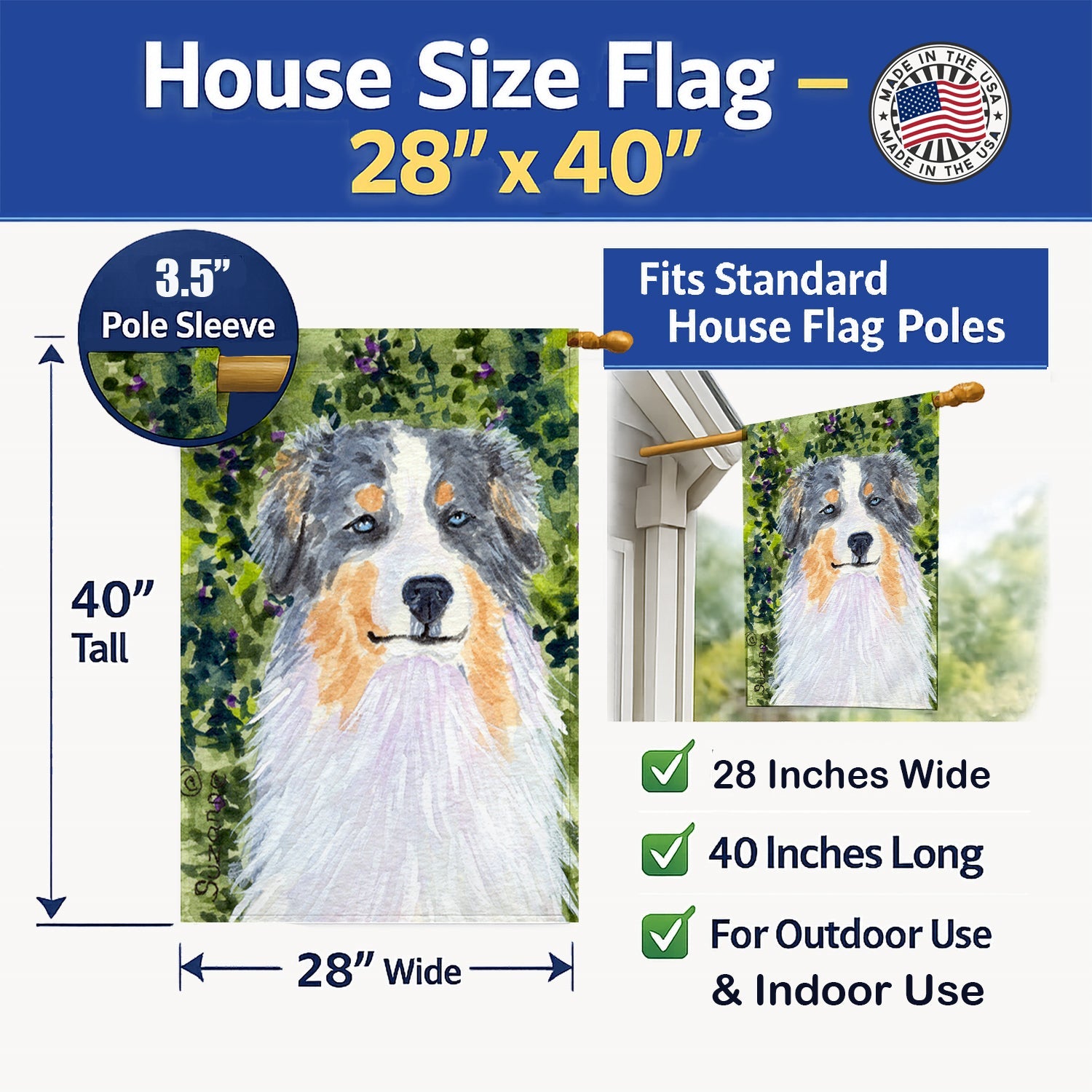 Australian Shepherd House Flag 28x40 Porch Sleeve Pole Decorative Outside Yard Banner Artwork Wall Hanging, Polyester