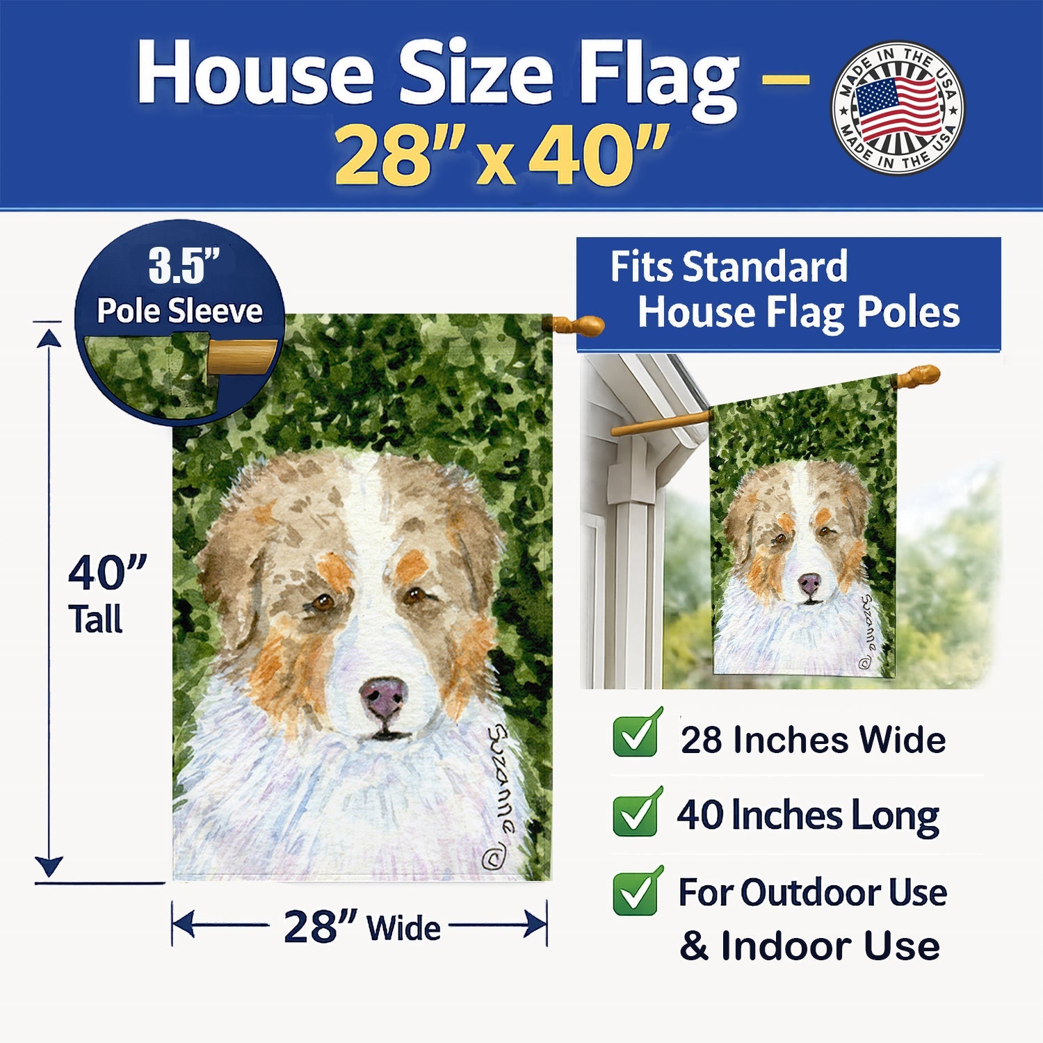 Australian Shepherd House Flag 28x40 Porch Sleeve Pole Decorative Outside Yard Banner Artwork Wall Hanging, Polyester