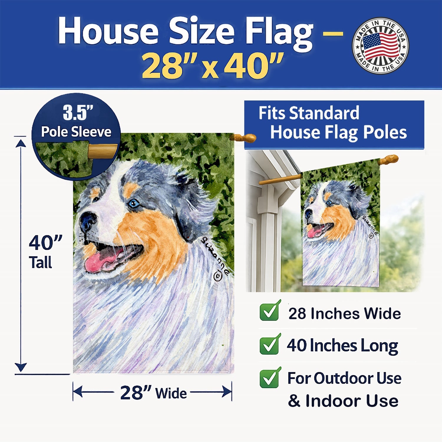 Australian Shepherd House Flag 28x40 Porch Sleeve Pole Decorative Outside Yard Banner Artwork Wall Hanging, Polyester