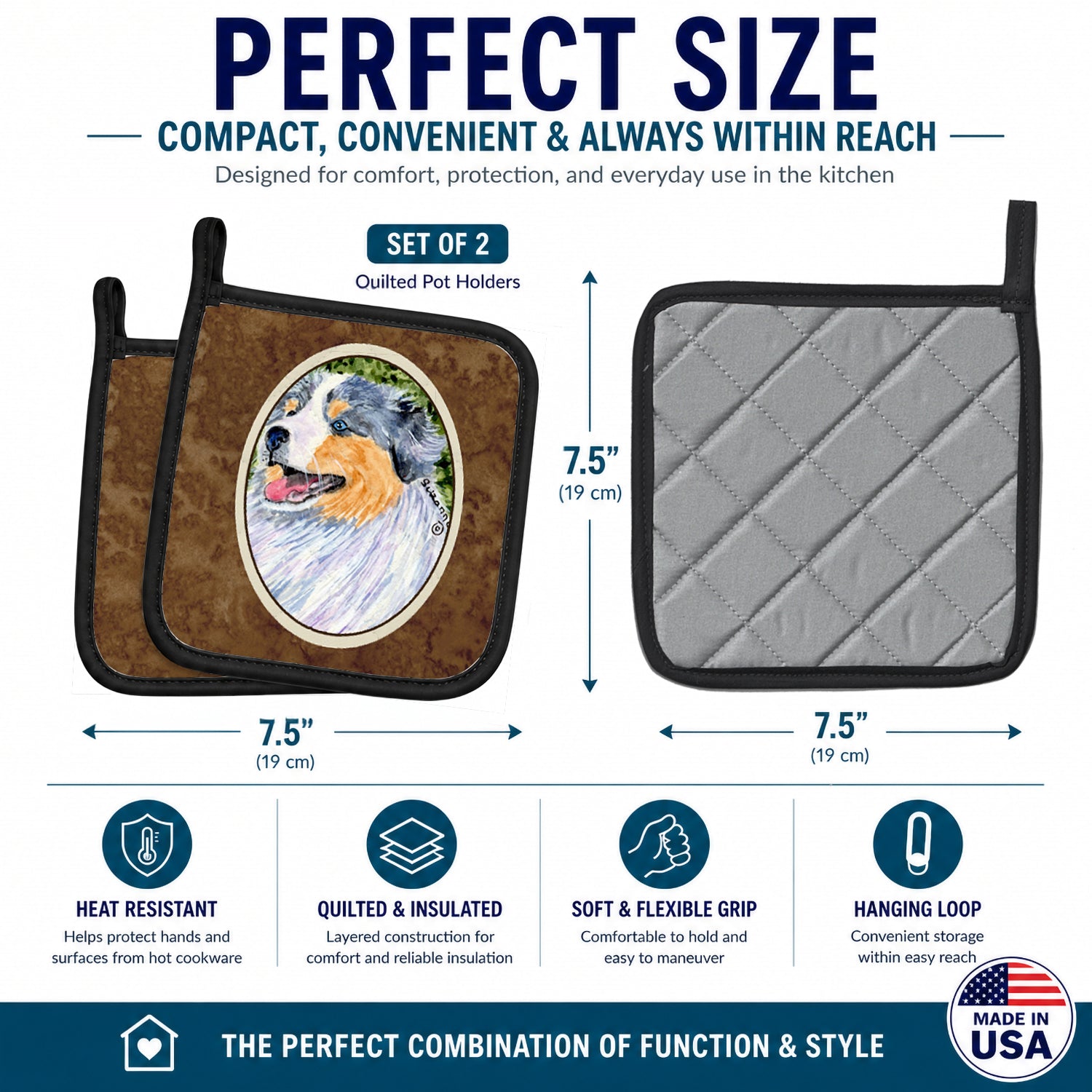 Australian Shepherd Pot Holder Set of 2 Heat Resistant Quilted Hot Pads 7.5 x 7.5 Inch, Insulated Kitchen Trivets for Cooking & Baking