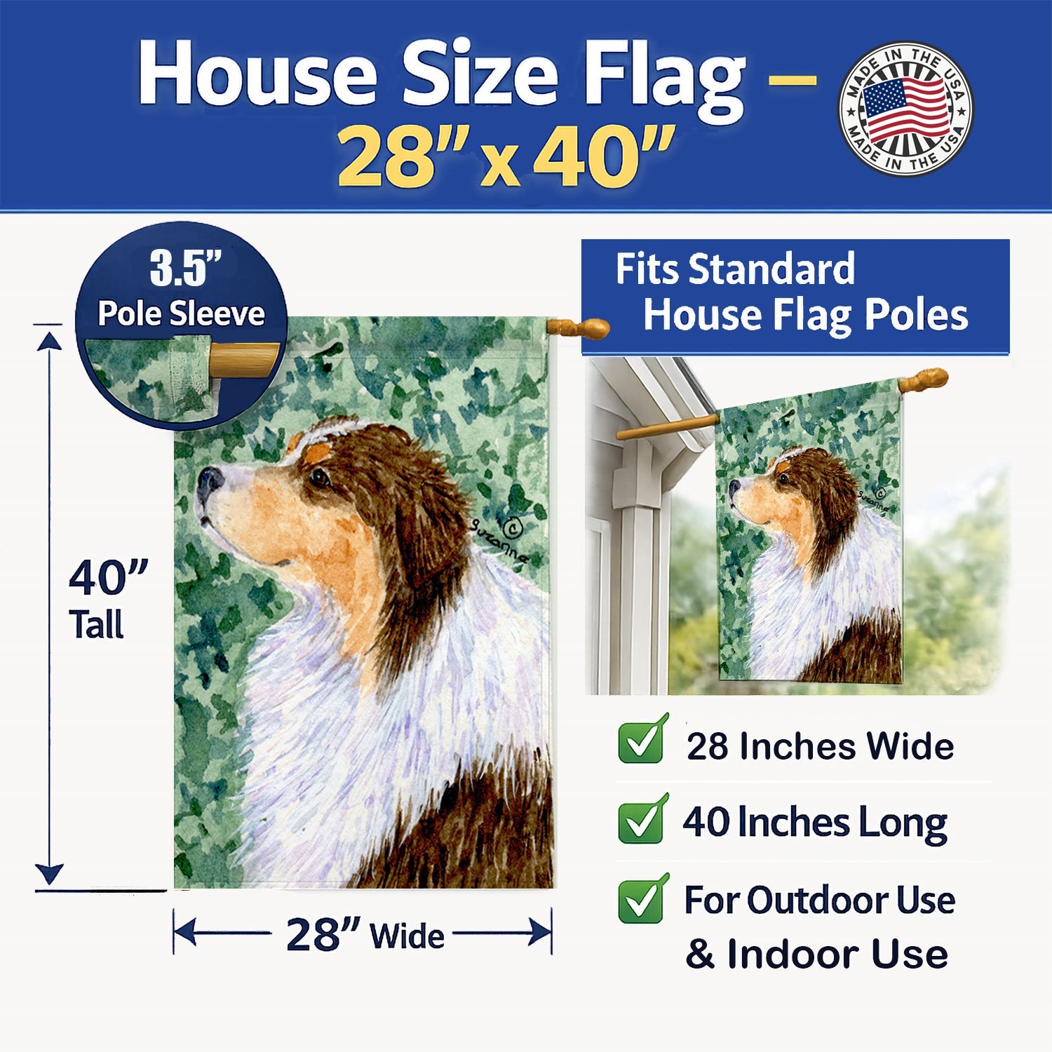 Australian Shepherd House Flag 28x40 Porch Sleeve Pole Decorative Outside Yard Banner Artwork Wall Hanging, Polyester
