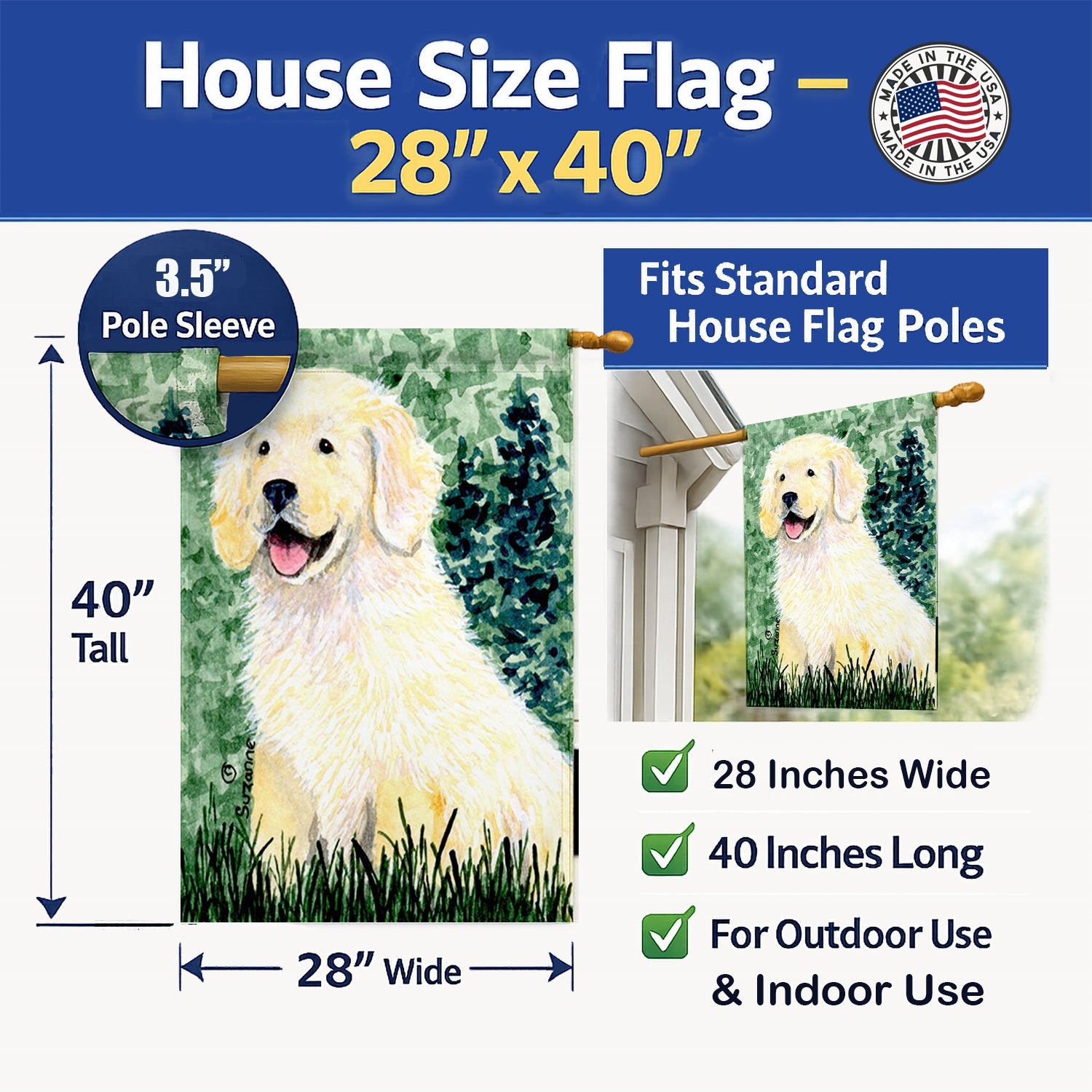 Golden Retriever House Flag 28x40 Porch Sleeve Pole Decorative Outside Yard Banner Artwork Wall Hanging, Polyester