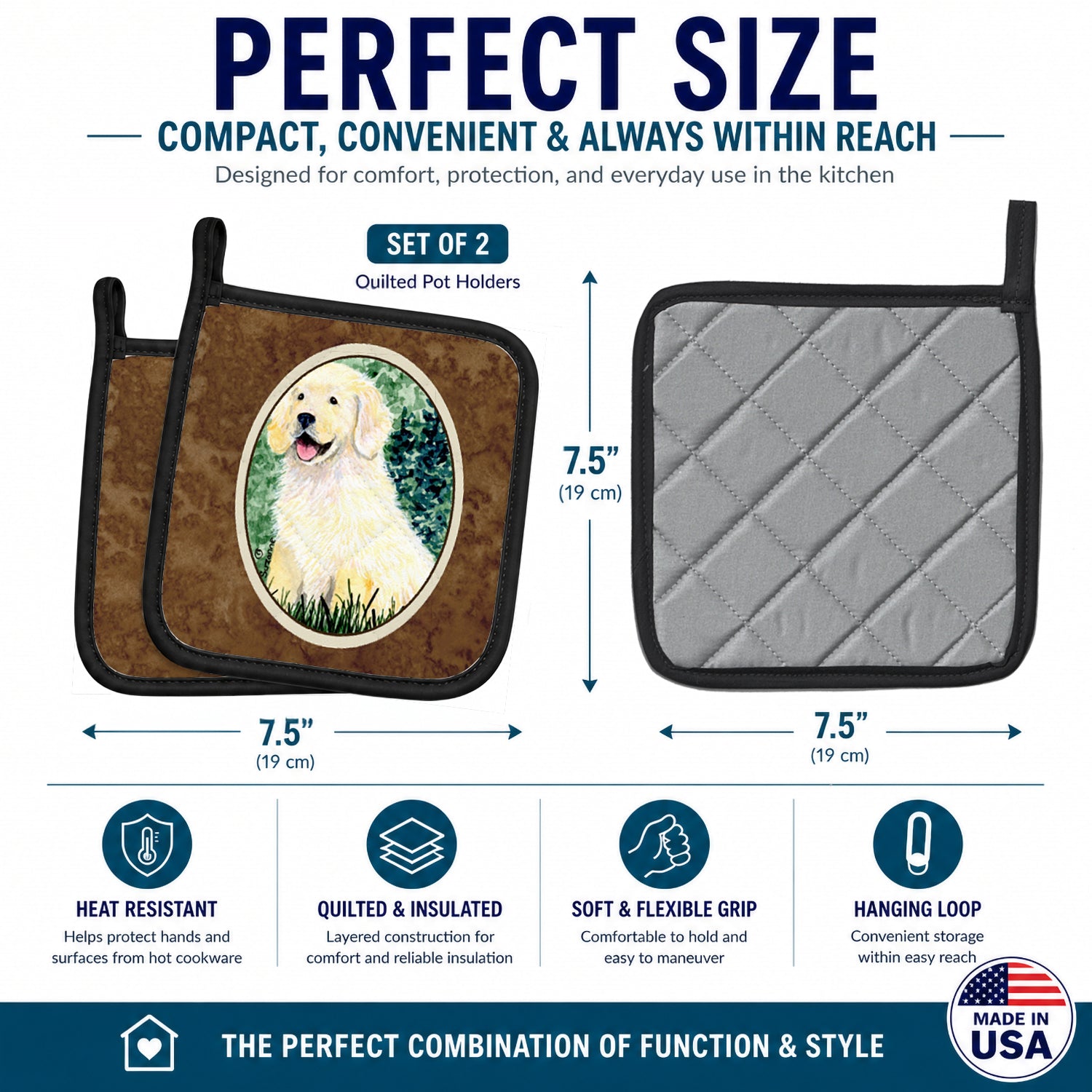 Golden Retriever Pot Holder Set of 2 Heat Resistant Quilted Hot Pads 7.5 x 7.5 Inch, Insulated Kitchen Trivets for Cooking & Baking