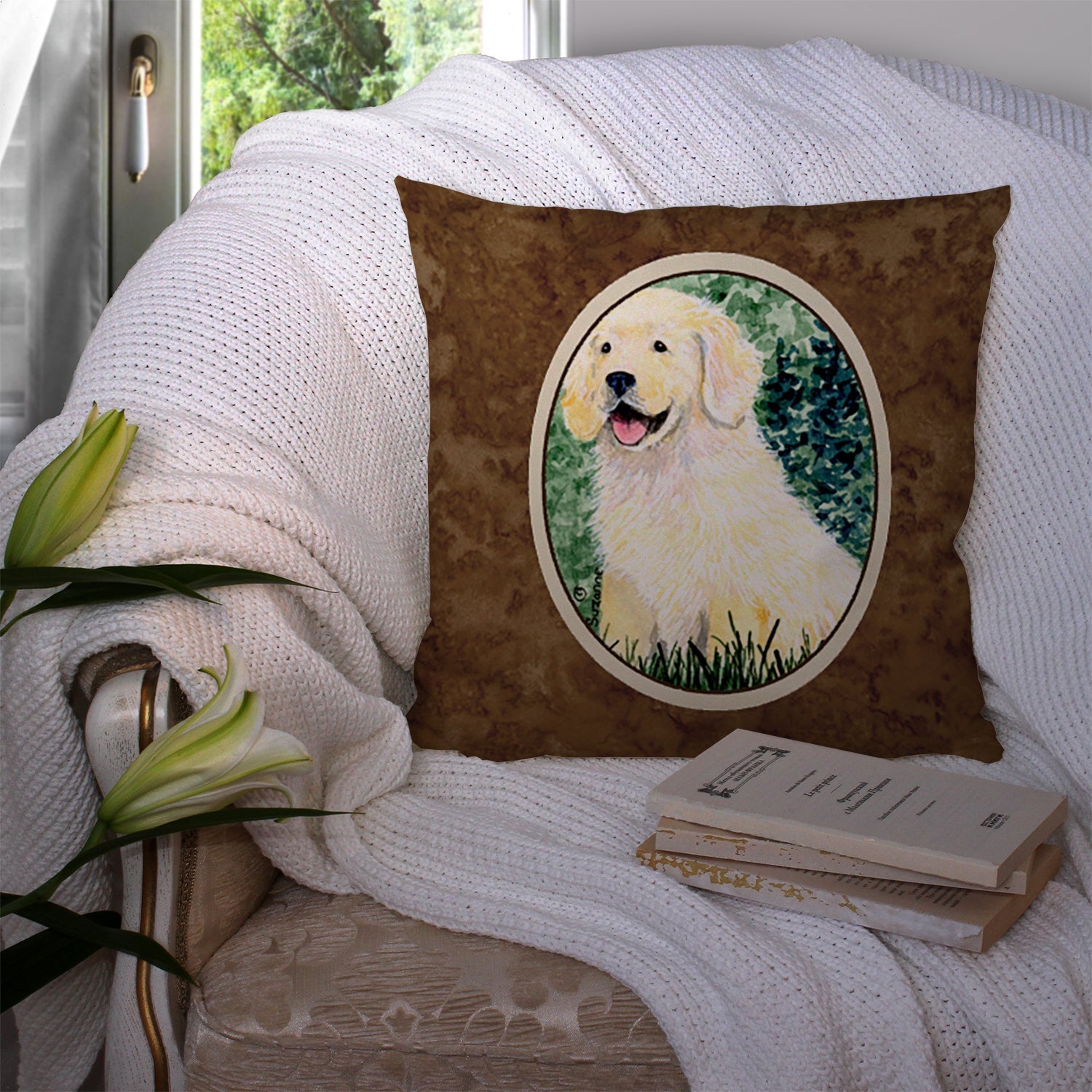 Golden Retriever Decorative Throw Pillow 14x14 Indoor Outdoor Accent Cushion, Fabric Cover with Insert for Sofa, Bed, Porch & Living Room
