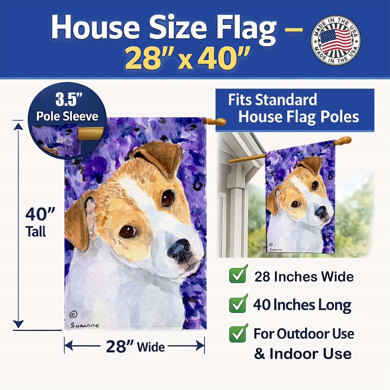 Jack Russell Terrier House Flag 28x40 Porch Sleeve Pole Decorative Outside Yard Banner Artwork Wall Hanging, Polyester