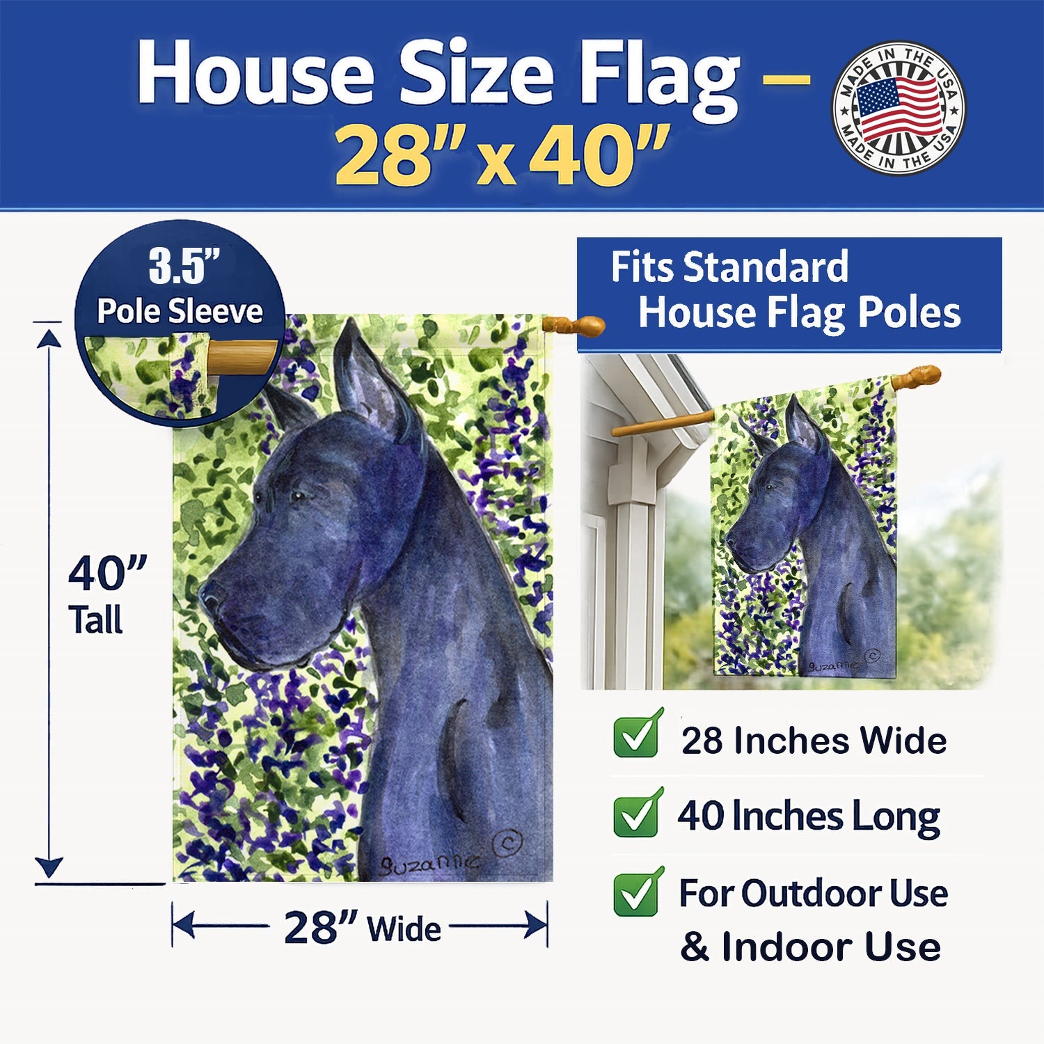 Great Dane House Flag 28x40 Porch Sleeve Pole Decorative Outside Yard Banner Artwork Wall Hanging, Polyester