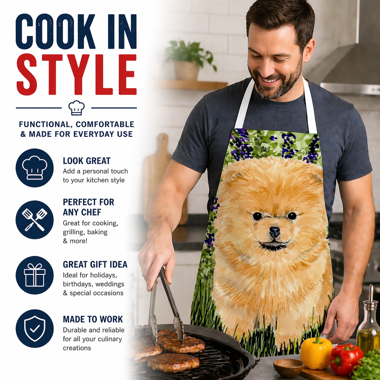 Pomeranian Apron Cooking Kitchen Server Baking Crafts Gardening for Adult Women Men, Unisex, Large, Multicolor