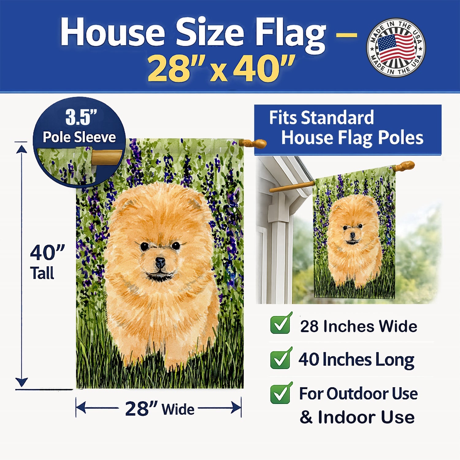 Pomeranian House Flag 28x40 Porch Sleeve Pole Decorative Outside Yard Banner Artwork Wall Hanging, Polyester