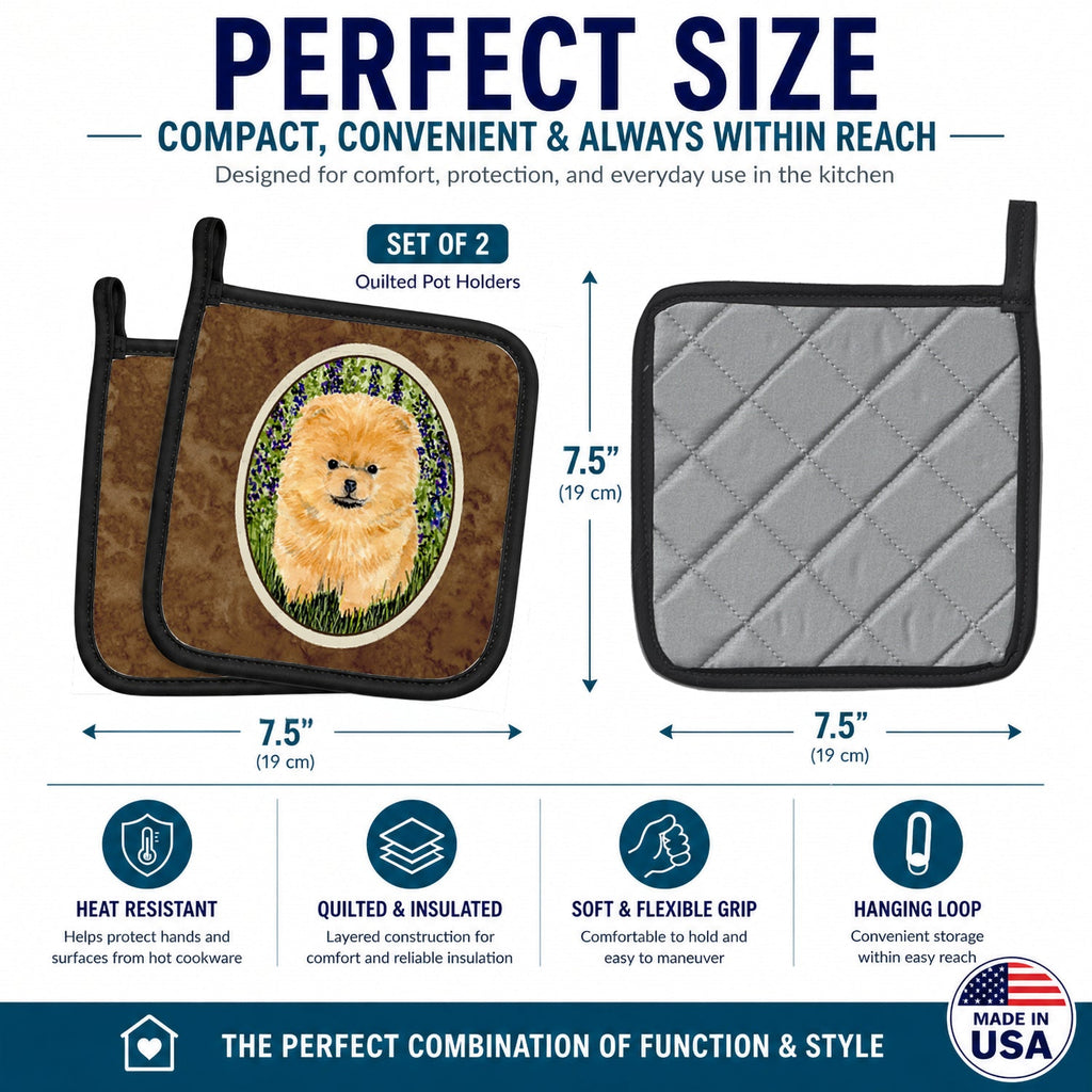 Pomeranian Pot Holder Set of 2 Heat Resistant Quilted Hot Pads 7.5 x 7.5 Inch, Insulated Kitchen Trivets for Cooking & Baking