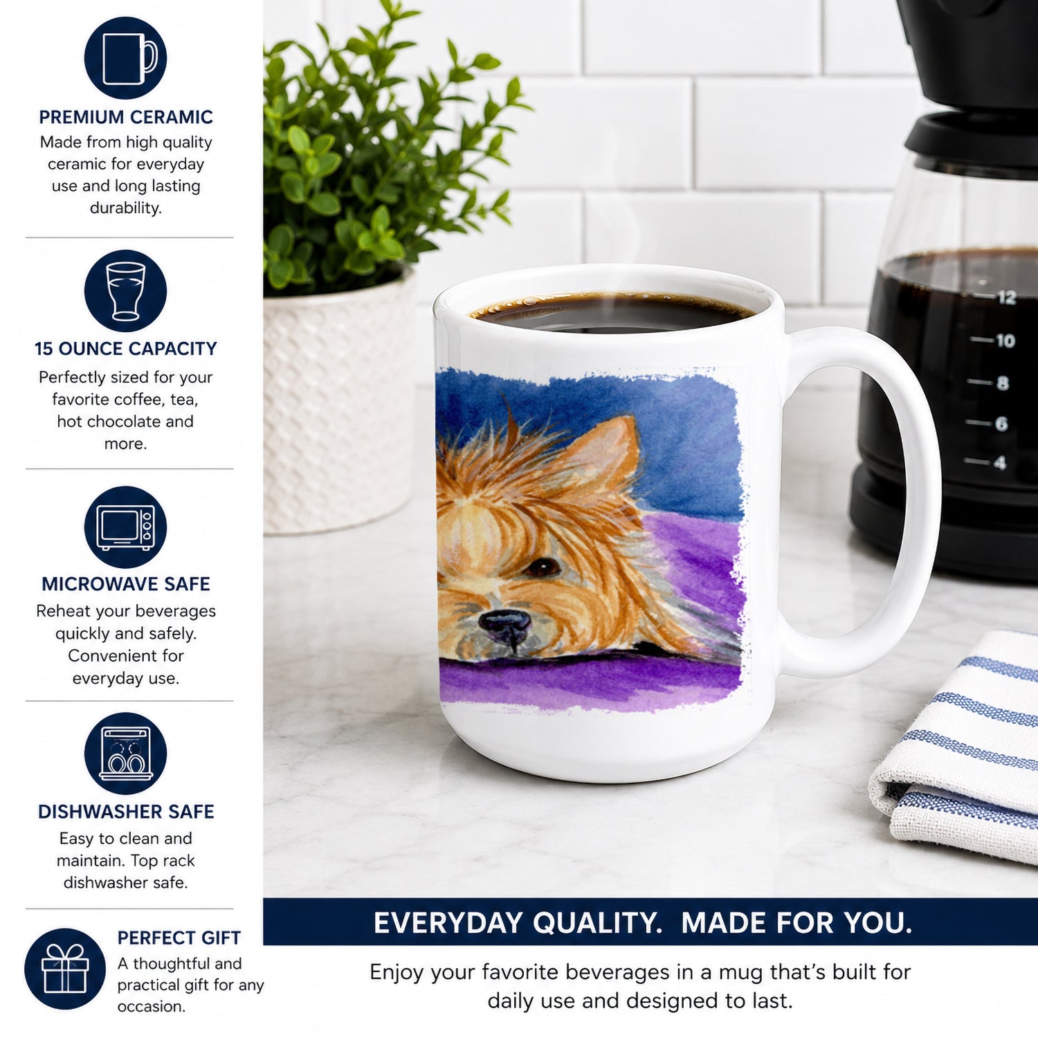 Yorkie Ceramic Coffee Mug 15 oz Decorative Large C Handle Mug Cup for Tea, Cocoa Hot Chocolate