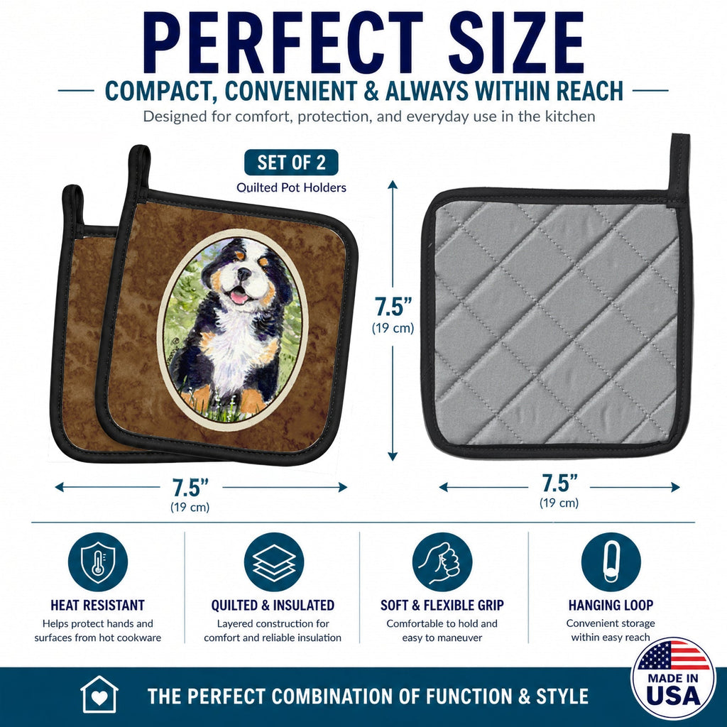 Bernese Mountain Dog Pot Holder Set of 2 Heat Resistant Quilted Hot Pads 7.5 x 7.5 Inch, Insulated Kitchen Trivets for Cooking & Baking