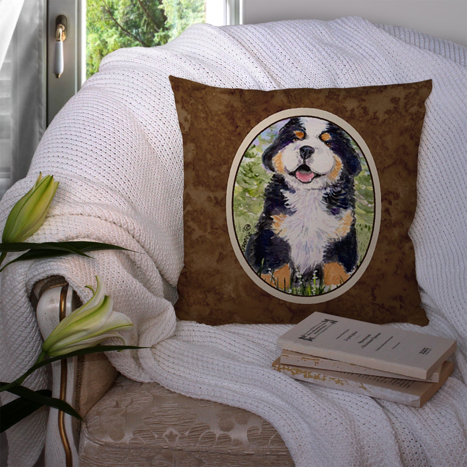 Bernese Mountain Dog Decorative Throw Pillow 14x14 Indoor Outdoor Accent Cushion, Fabric Cover with Insert for Sofa, Bed, Porch & Living Room