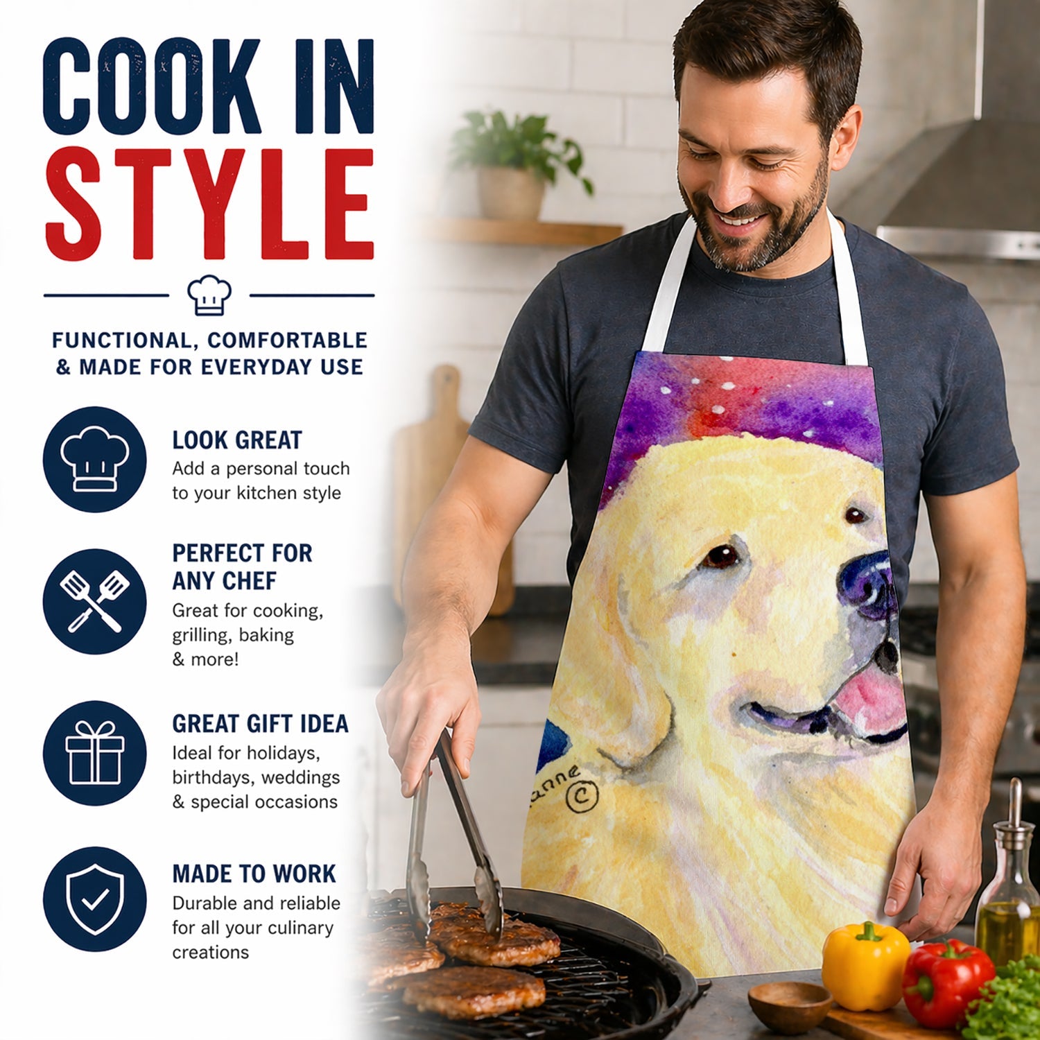 Golden Retriever Apron Cooking Kitchen Server Baking Crafts Gardening for Adult Women Men, Unisex, Large, Multicolor