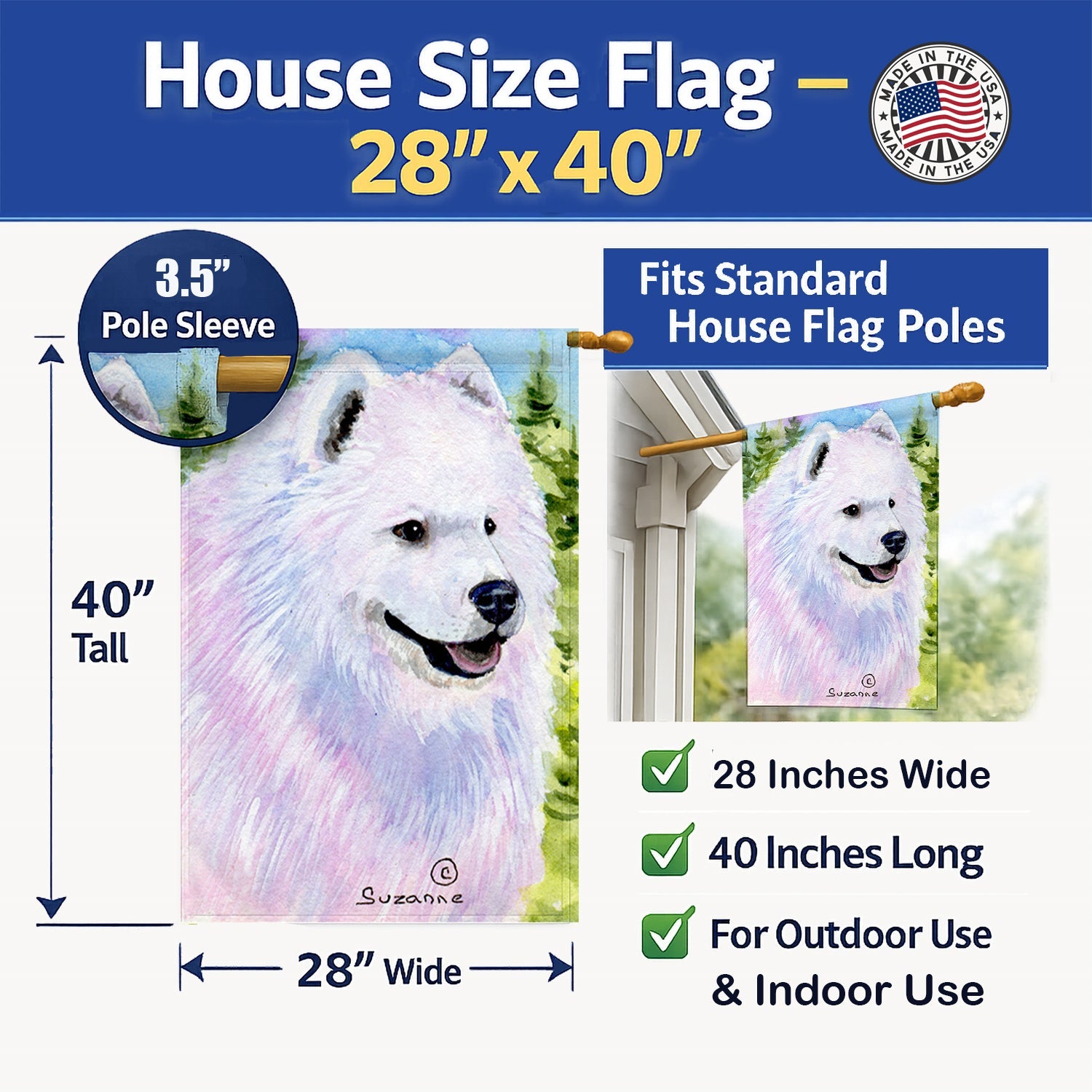 Samoyed House Flag 28x40 Porch Sleeve Pole Decorative Outside Yard Banner Artwork Wall Hanging, Polyester