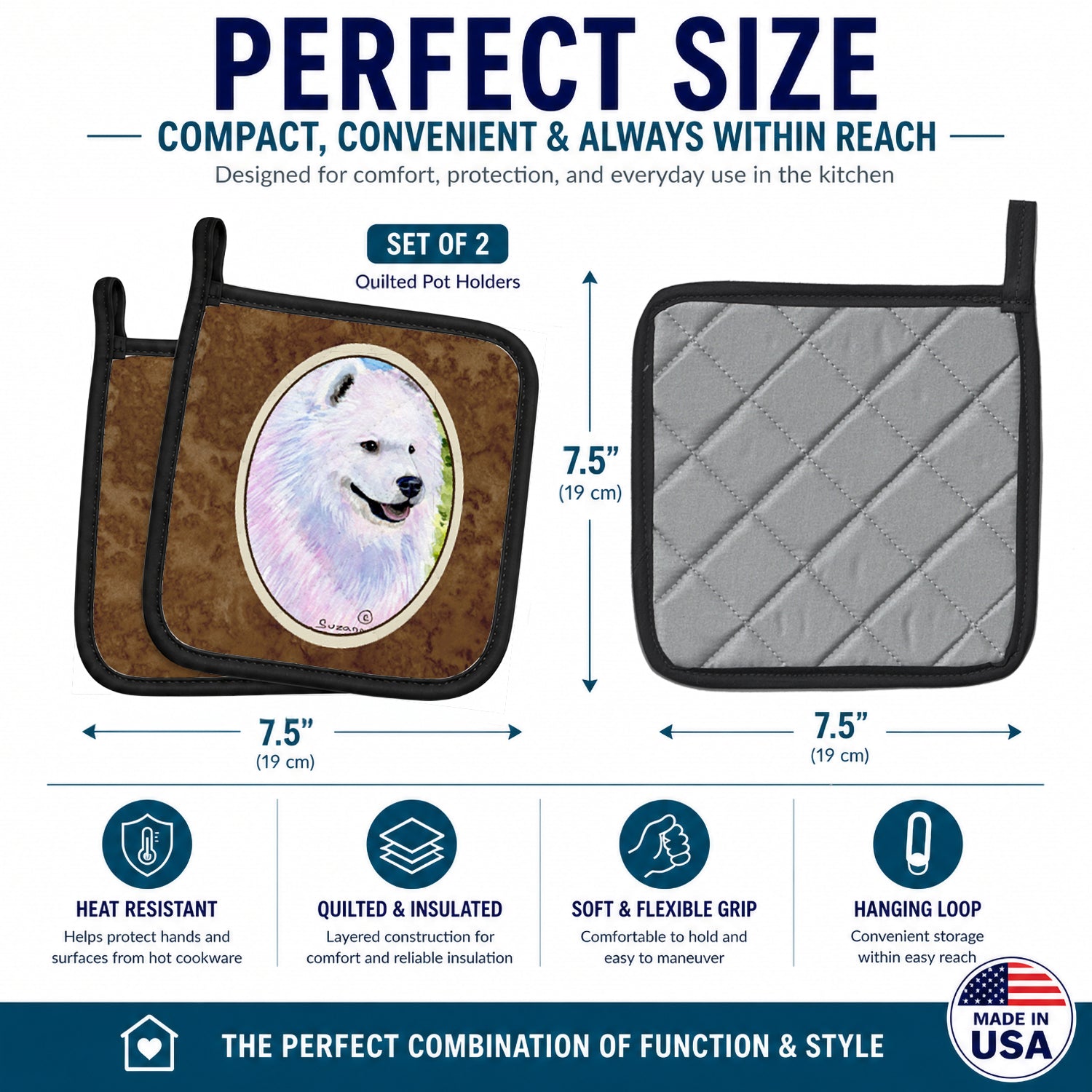 Samoyed Pot Holder Set of 2 Heat Resistant Quilted Hot Pads 7.5 x 7.5 Inch, Insulated Kitchen Trivets for Cooking & Baking