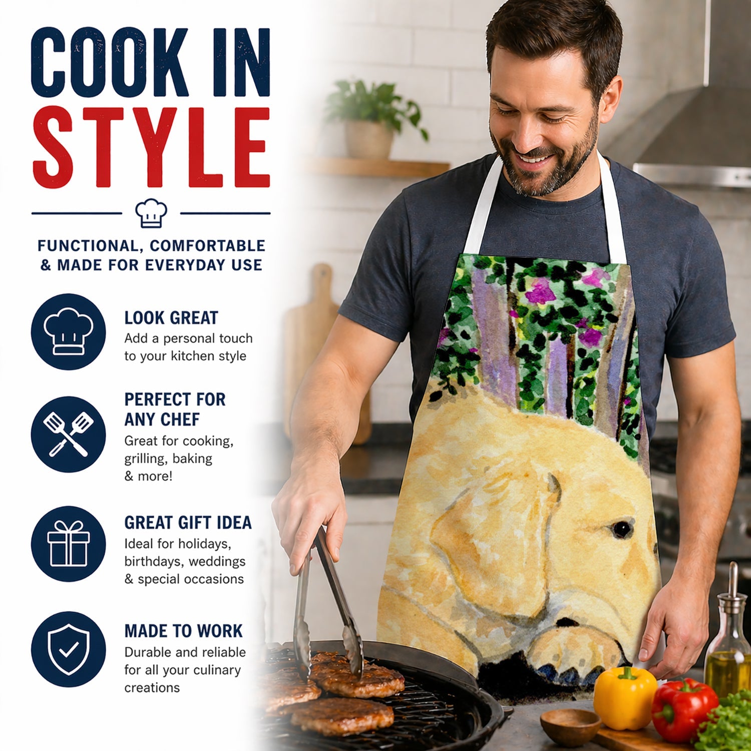 Golden Retriever Apron Cooking Kitchen Server Baking Crafts Gardening for Adult Women Men, Unisex, Large, Multicolor