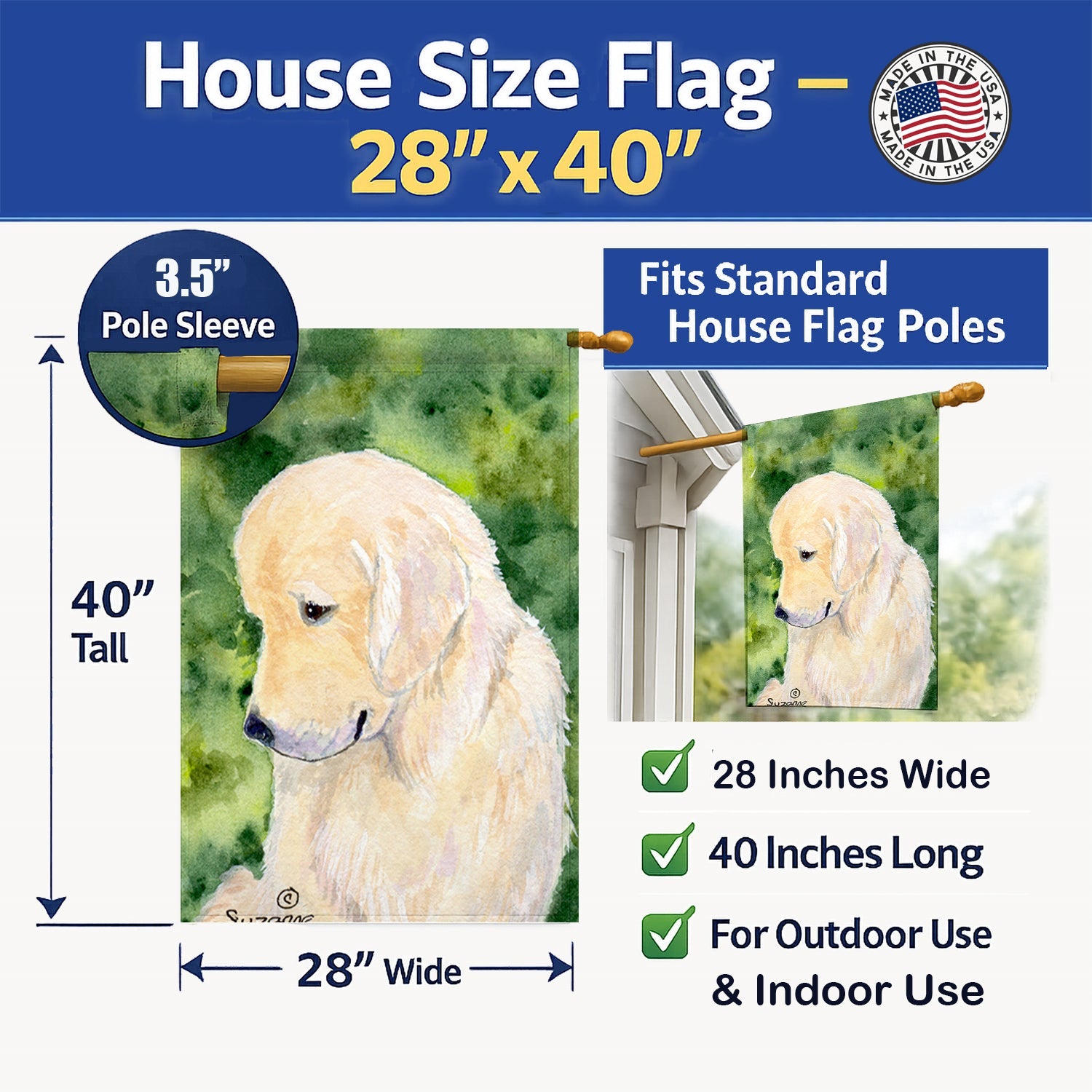 Golden Retriever House Flag 28x40 Porch Sleeve Pole Decorative Outside Yard Banner Artwork Wall Hanging, Polyester
